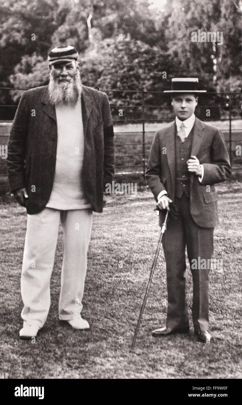 WILLIAM GILBERT GRACE /n(1848-1915). English cricketer. With the future King Edward VIII, c1910. Photographed by Ernest Brooks. Stock Photo