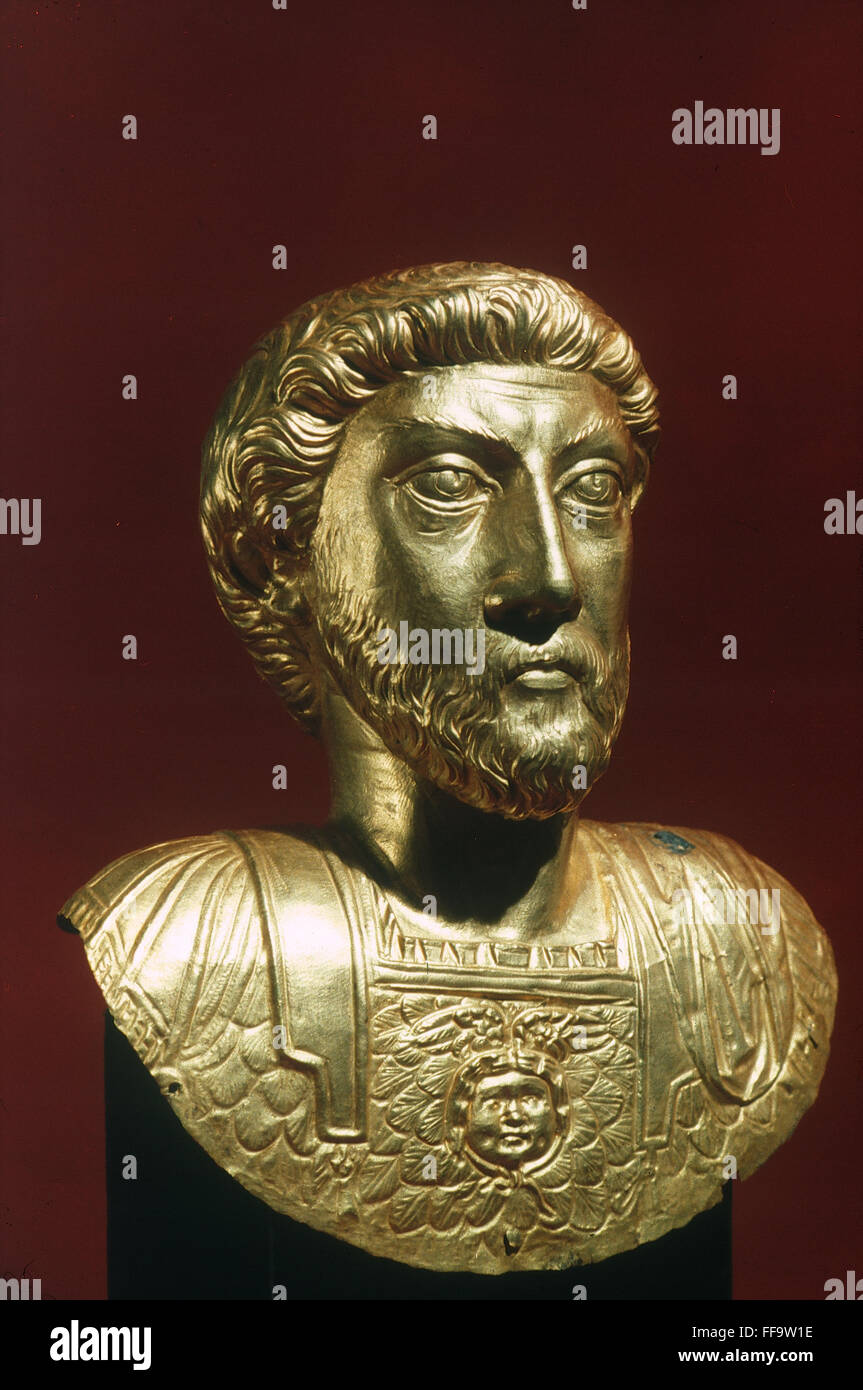 MARCUS AURELIUS (121-180). /nRoman emperor. Roman gold bust. Stock Photo
