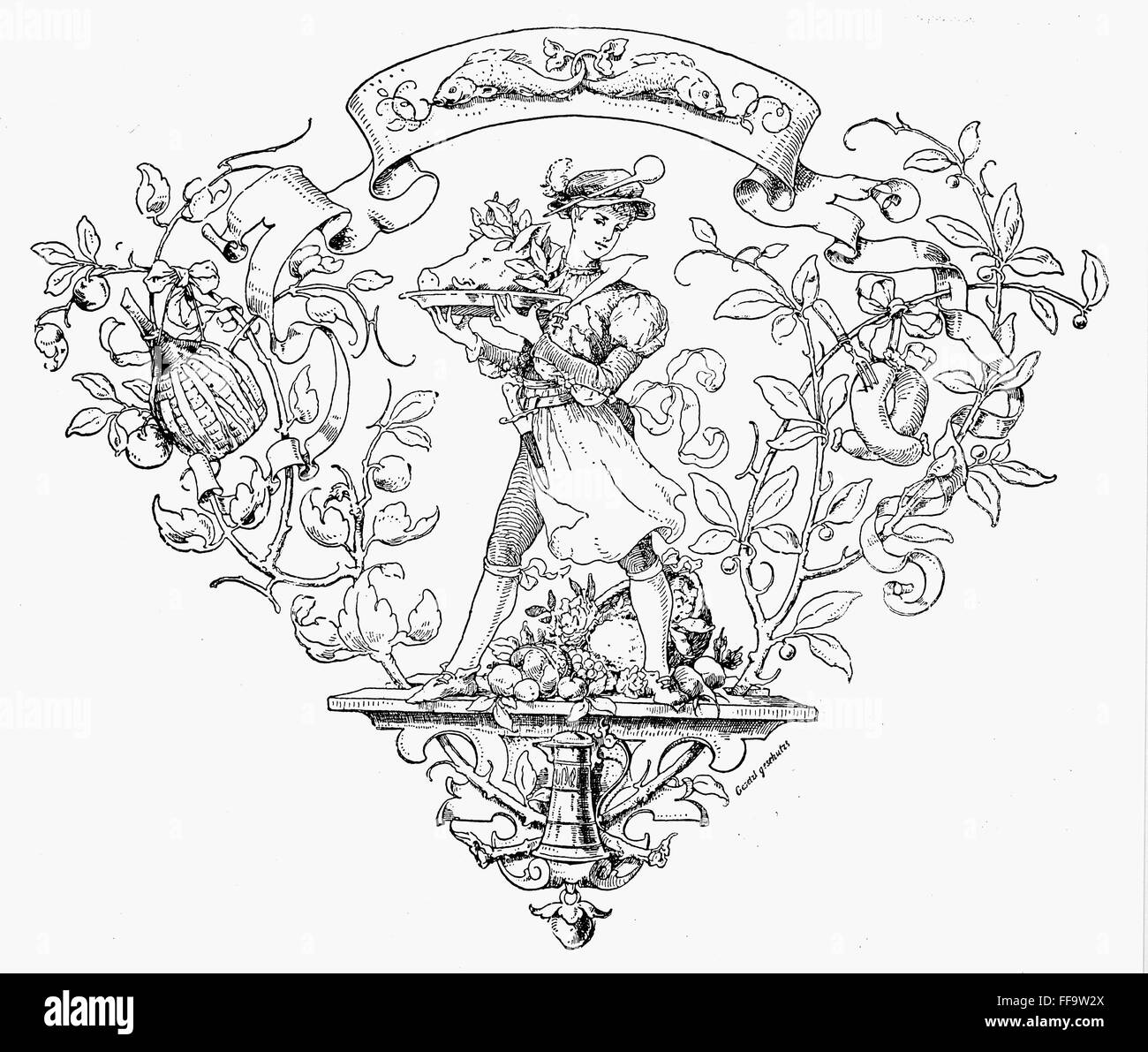 MENU DECORATION. /nLine engraving, German, 19th century. Stock Photo