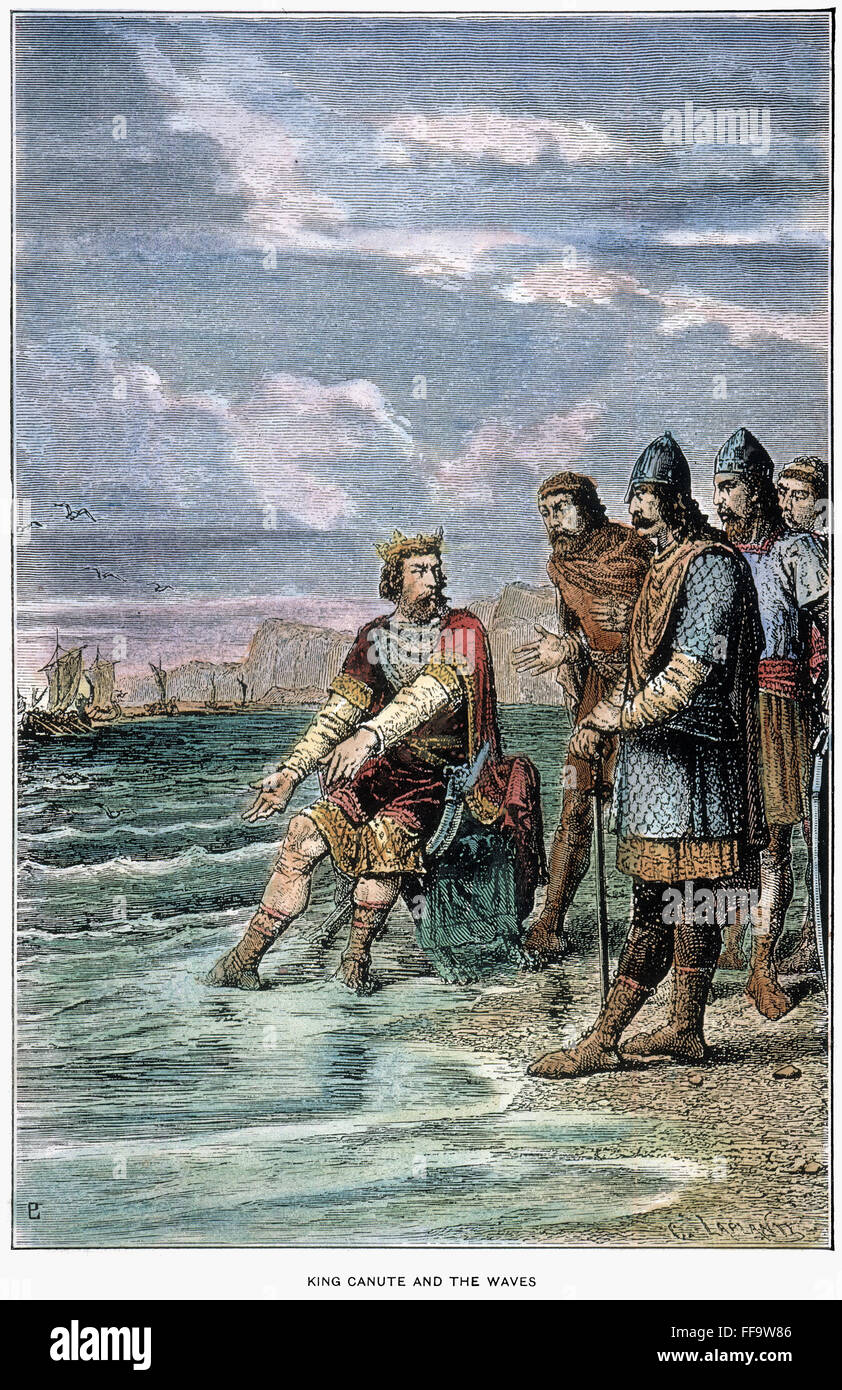 CANUTE I (c995-1035). /nKing of England (1016-35), of Denmark (1019-35), and of Norway (1028-35). Canute convinces his courtiers that he does not have power to stem the tide. Wood engraving, 19th century. Stock Photo