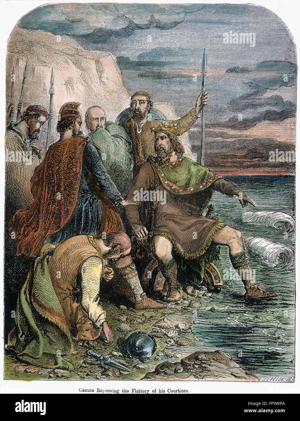 CANUTE I (c995-1035). /nKing of England (1016-35), of Denmark (1019-35), and of Norway (1028-35). Canute convinces his courtiers that he does not have power to stem the tide. Wood engraving, English, 19th century. Stock Photo