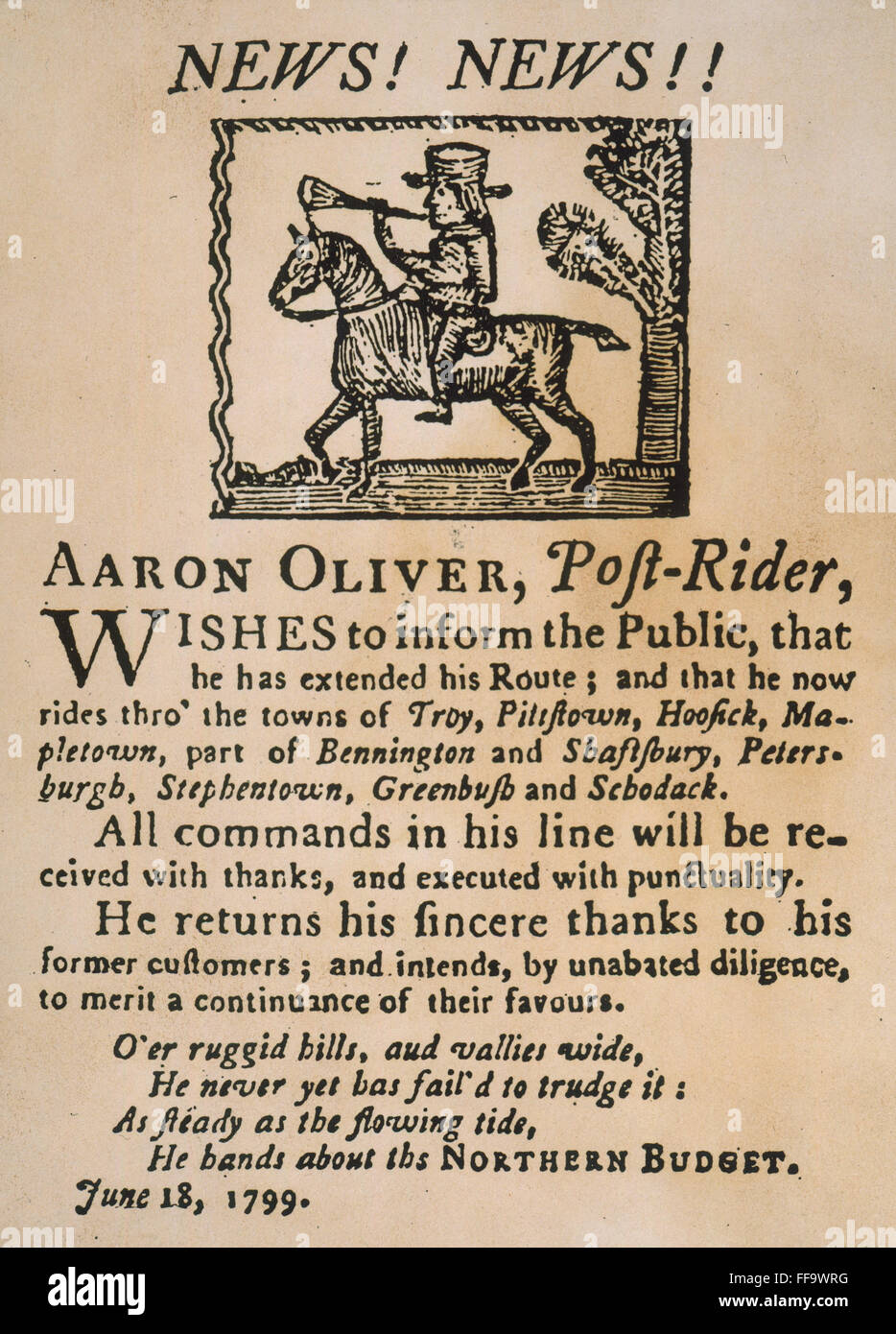 MAIL-SERVICE AD, 1799. /nAaron Oliver offers his service as post-rider in this woodcut advertisement from 'The Northern Budget,' Troy, New York, 1799. Stock Photo