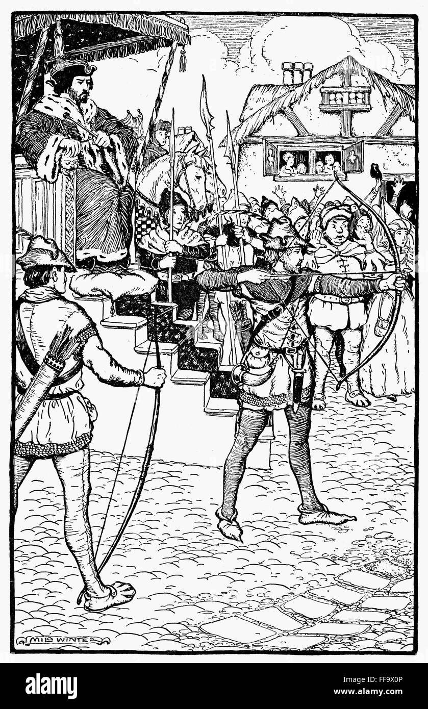 ROBIN HOOD. /nRobin Hood competing at Prince John's archery tournament. Drawing, 1914, by Milo Winter for 'Robin Hood and His Merry Men,' by Maude Radford Warren. Stock Photo