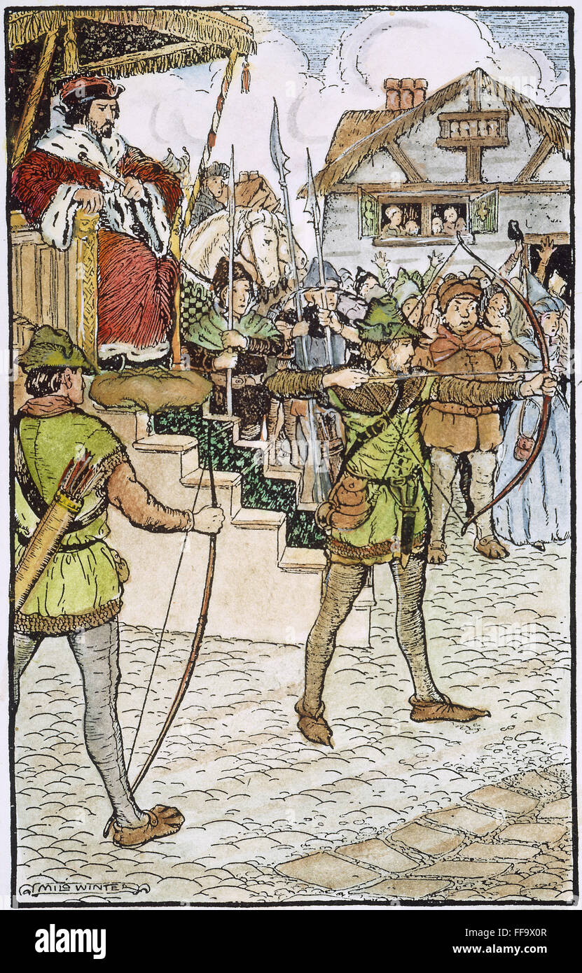 ROBIN HOOD: ILLUSTRATION. /nRobin Hood competing at Prince John's archery tournament. Drawing, 1914, by Milo Winter for 'Robin Hood and His Merry Men,' by Maude Radford Warren. Stock Photo