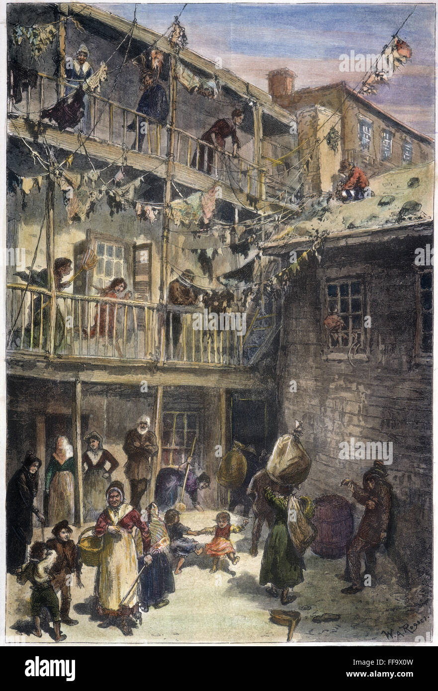 MULBERRY STREET, NYC, 1879. /n'Rag-Picker's Court' off Mulberry Street. Wood engraving, 1879, after William A. Rogers. Stock Photo
