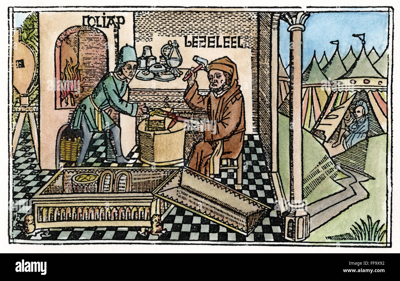 BUILDING ARK OF COVENANT. /nThe smiths Bezaleel and Aholiah working in gold, silver and brass for the Tabernacle and the Ark of the Covenant (Exodus 31: 1-11). Woodcut from the Cologne Bible, 1478-80. Stock Photo