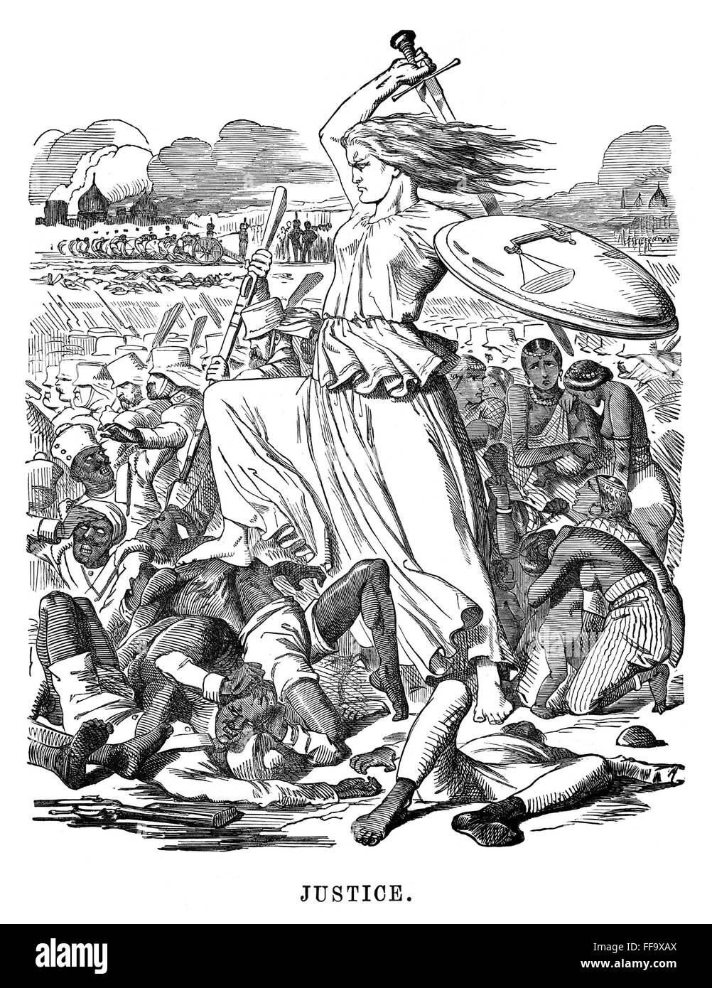 INDIA: SEPOY MUTINY, 1857. /n'Justice.' An English cartoon of 1857 expressing the British desire for revenge after the massacre of English prisoners at Cawnpore, India, July 1857, by Sepoys under the command of Nana Sahib. Stock Photo