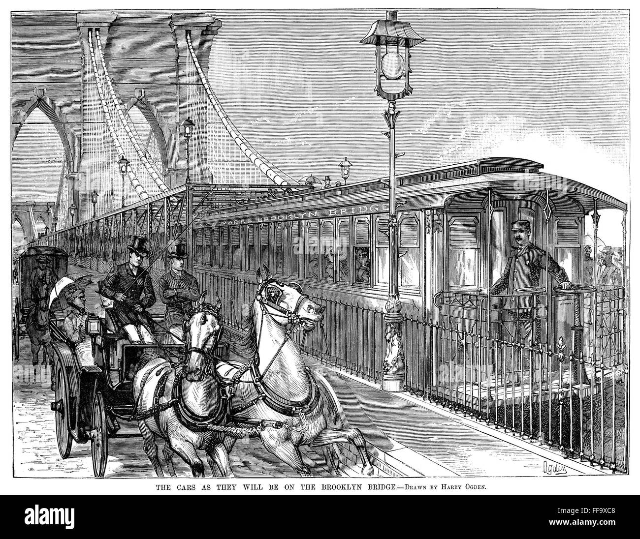 BROOKLYN BRIDGE, 1882. /n'The Cars As They Will Be On The Brooklyn Bridge.' Projected traffic on the soon-to-be completed Brooklyn Bridge. Wood engraving, American, 1882. Stock Photo