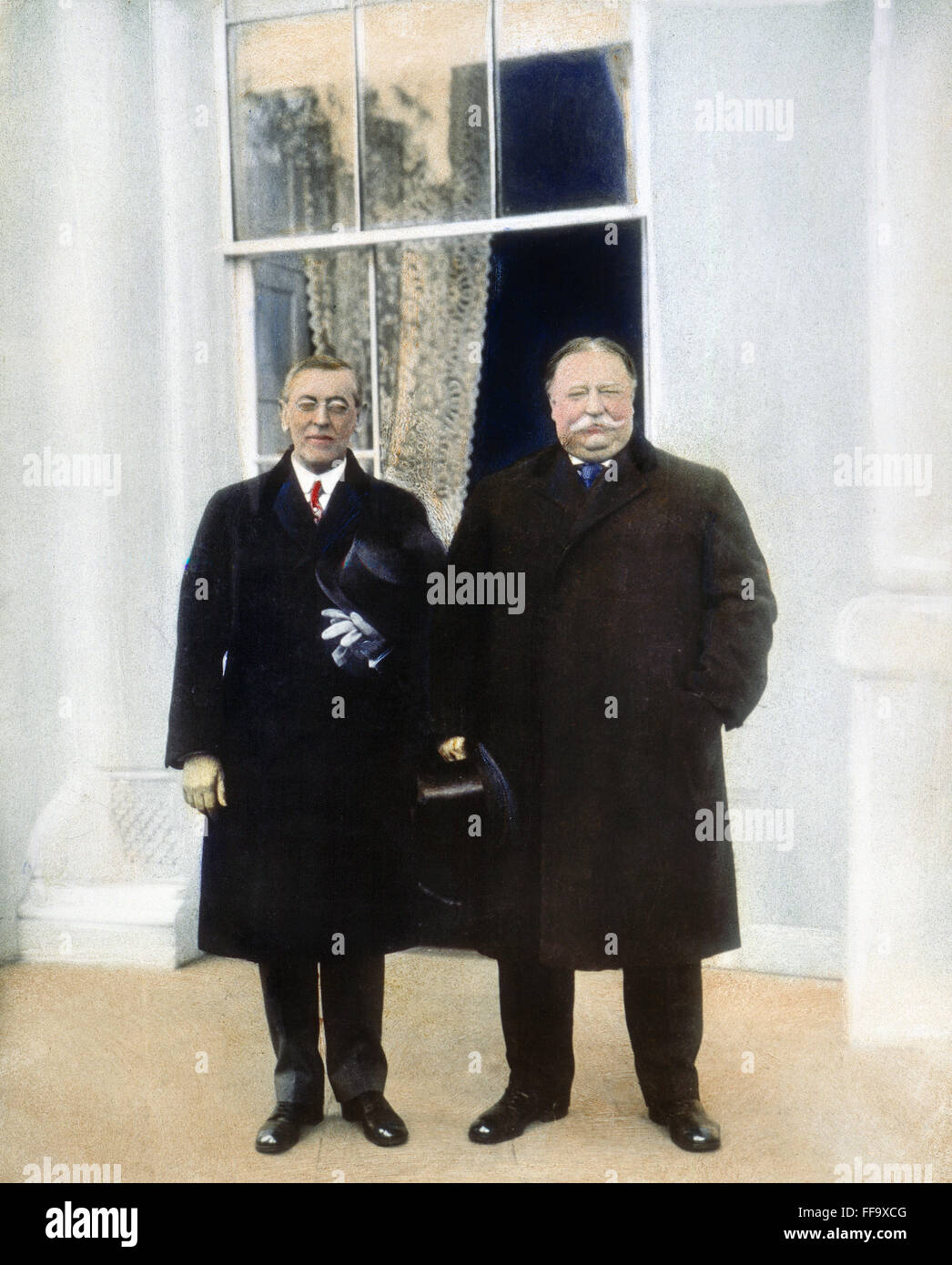 WILSON & TAFT: WHITE HOUSE. /nPresident-elect Woodrow Wilson (left) and outgoing President William Howard Taft at the White House, Washington, D.C., on Inauguration Day, 4 March 1913: oil over a photograph. Stock Photo