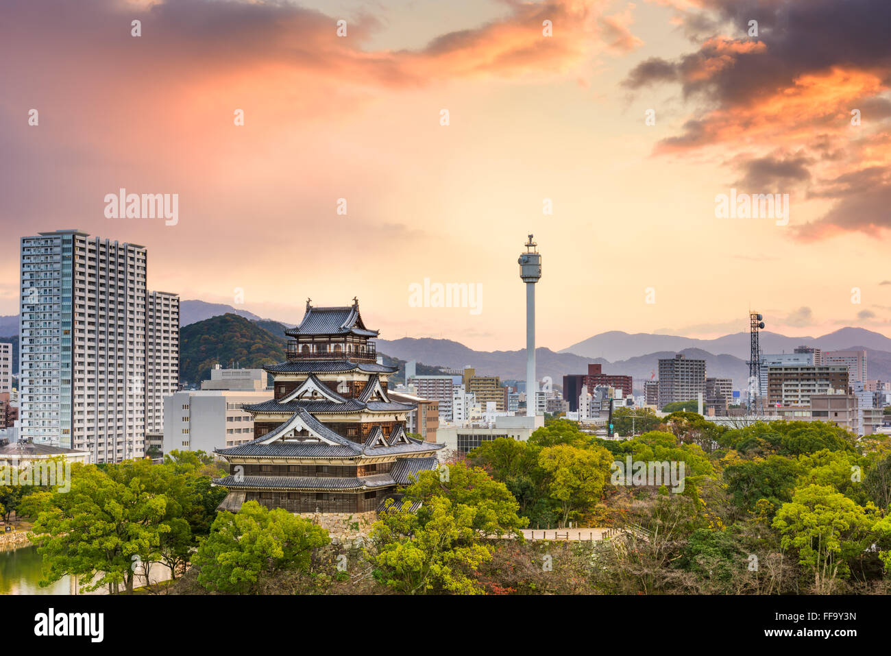 Hiroshima, Japan morning cityscape with the castle. Stock Photo