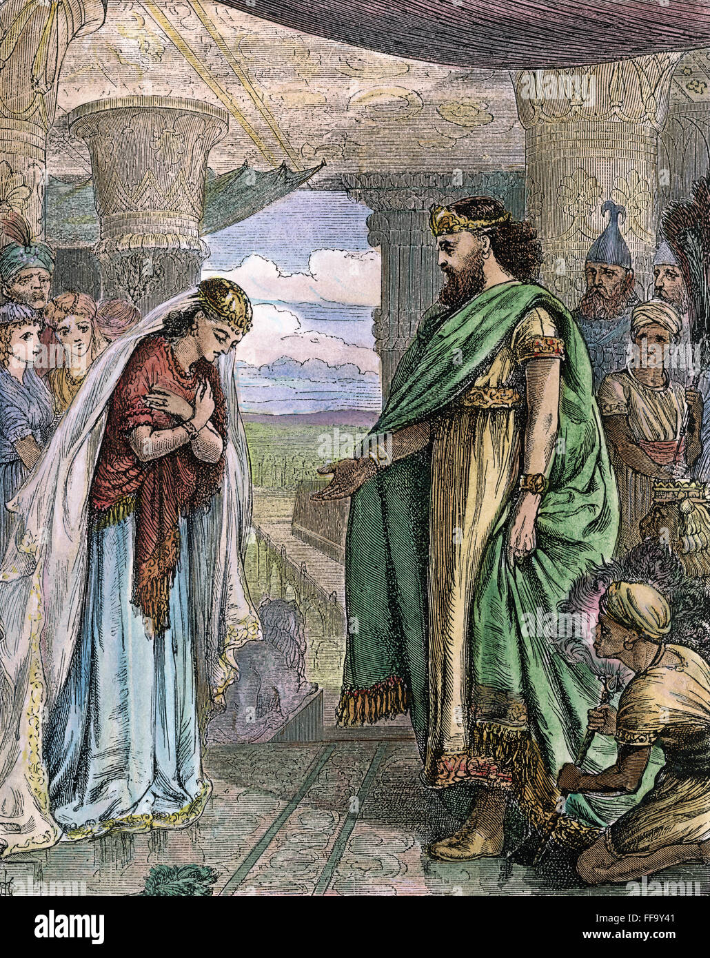SOLOMON & QUEEN OF SHEBA. /nSolomon receives the Queen of Sheba. Wood engraving, 19th century. Stock Photo