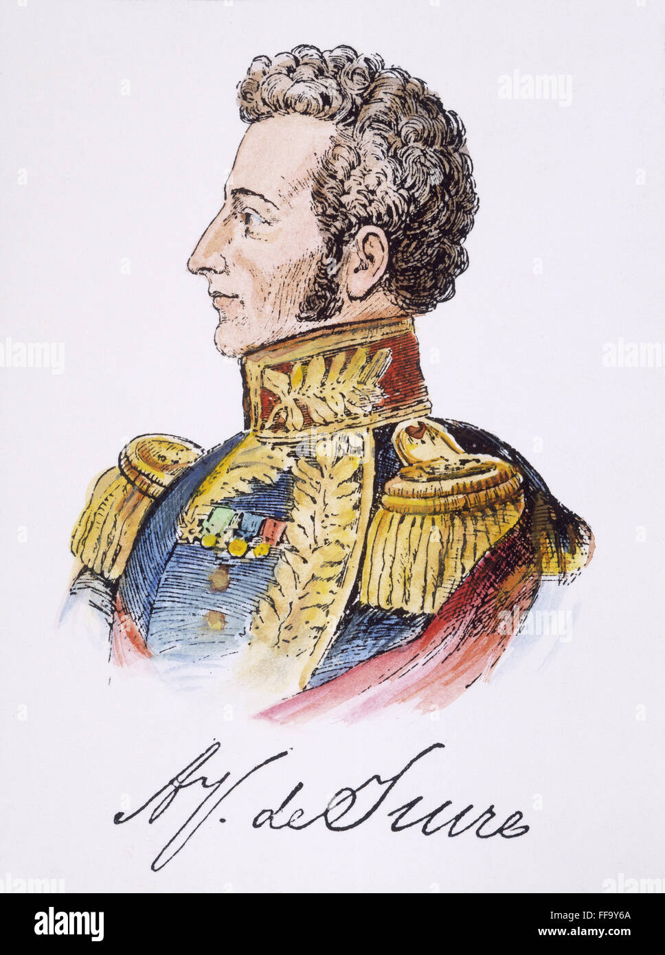 ANTONIO JOSE de SUCRE /n(1795-1830). Venezuelan liberator and general. Pen-and-ink drawing, 19th century. Stock Photo