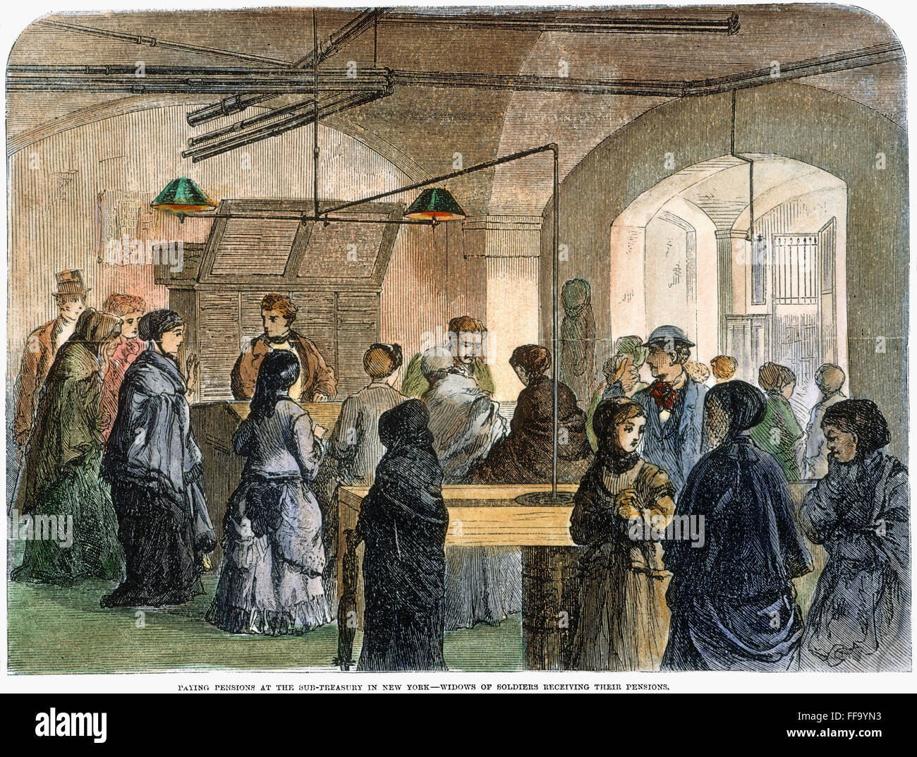 CIVIL WAR WIDOWS, 1869. /nWidows of Civil War soldiers receive their pensions at the Sub-Treasury in New York City: wood engravnig, American, 1869. Stock Photo