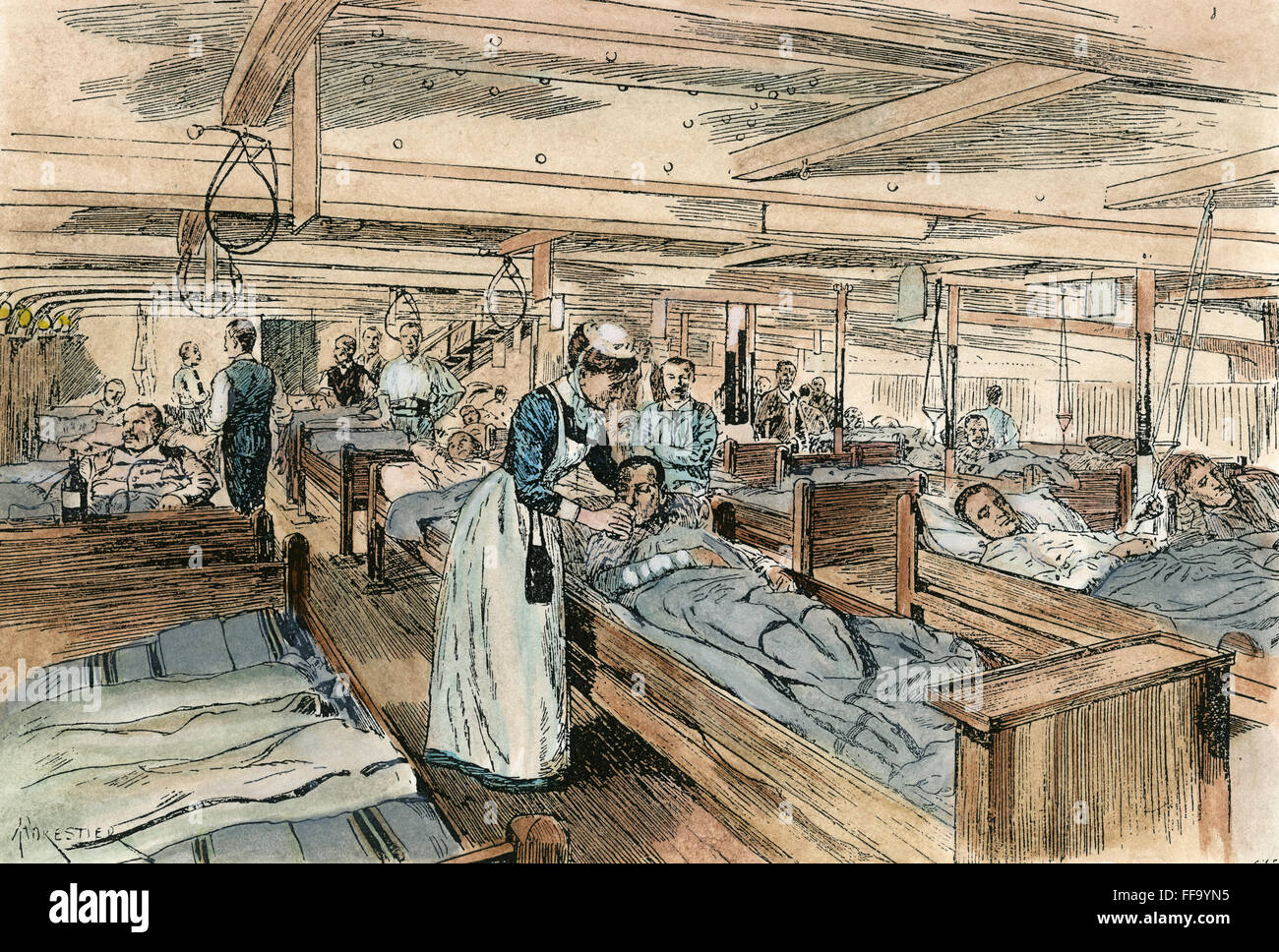 BOER WAR: HOSPITAL SHIP. /nWounded British soldiers onboard a hospital-ship returning to England from South Africa during the Boer War. Line engraving, English, 1900. Stock Photo
