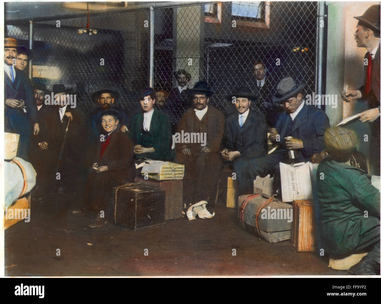 IMMIGRANTS: ELLIS ISLAND. /nA group of Italian men and boys at Ellis Island: photographed in 1905 by Lewis W. Hine. Stock Photo