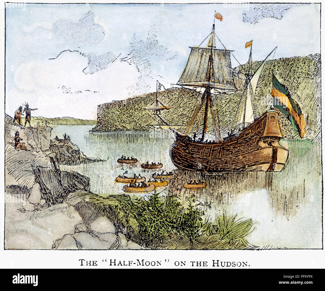 HUDSON'S SHIP: 'HALF MOON'. /nHenry Hudson's 'Half Moon' on the Hudson River in 1609. Line engraving, American, 19th century. Stock Photo