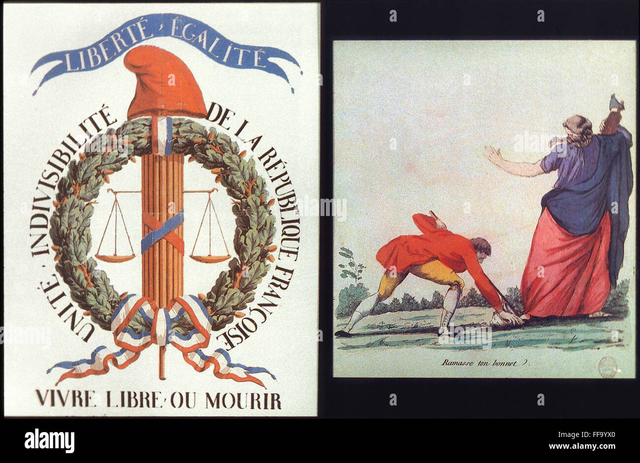 FRENCH REVOLUTION: POSTER. /nLiberte, Egalite: poster, and 'Pick up your cap (of freedom).' Aqua fortis, c1793. Stock Photo
