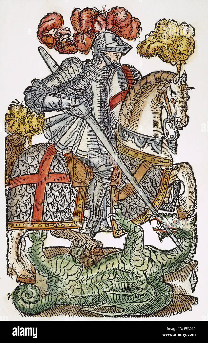 RED CROSS KNIGHT, 1598. /nThe Red Cross Knight: woodcut from the 3rd edition, 1598, of Edmund Spenser's 'The Faerie Queene.' Stock Photo