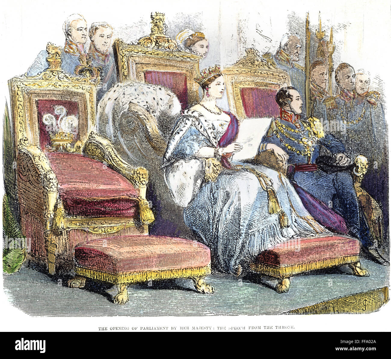 VICTORIA OF ENGLAND, 1846. /nQueen Victoria of England (1819-1901) opening Parliament in 1846. Contemporary English wood engraving. Stock Photo