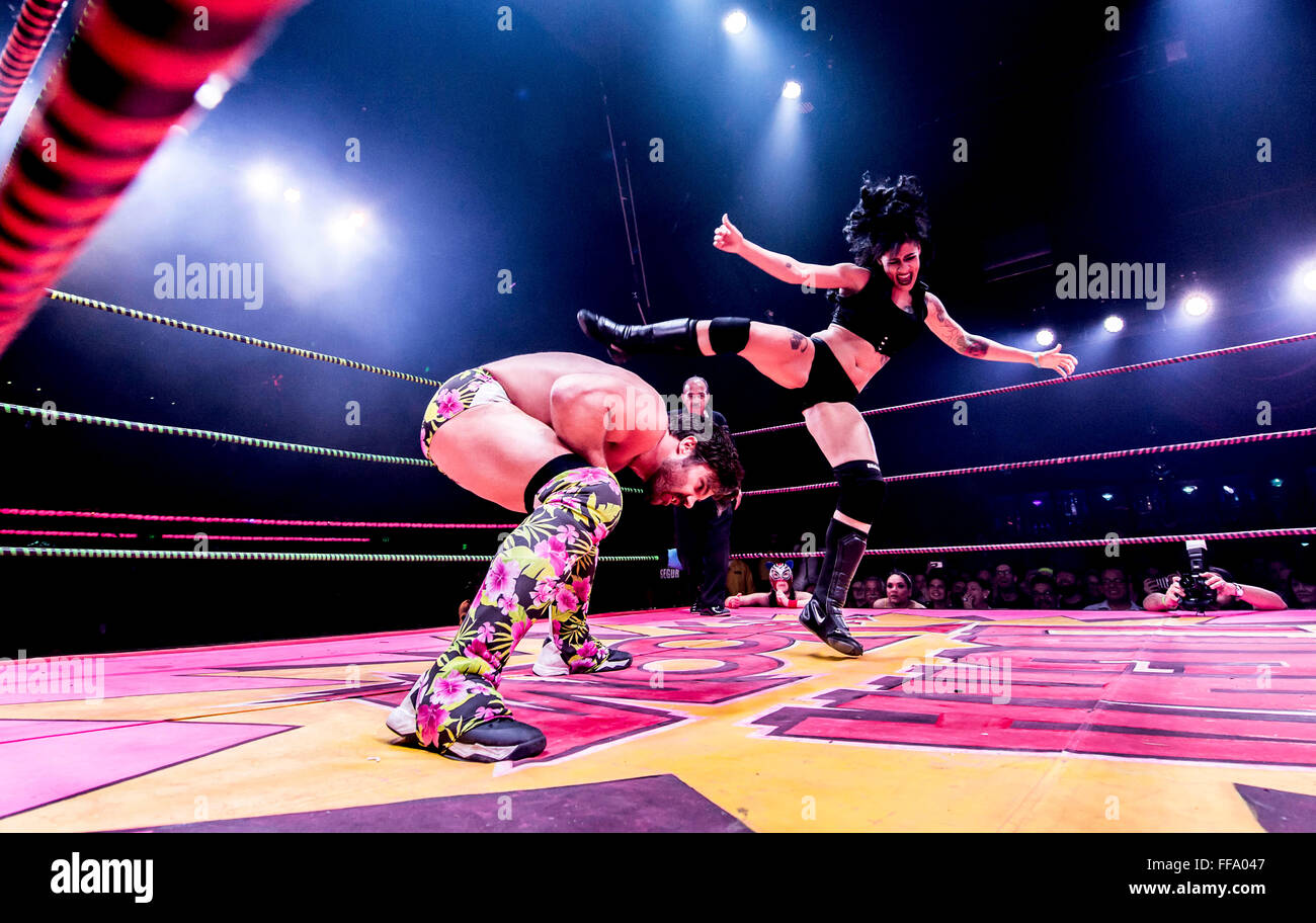 Los Angeles, California, USA. 10th Feb, 2016. Lucha VaVOOM, a raucus mashup of Mexican masked wrestling and saucy striptease, presents ''Crazy in Love, '' their 2016 Valentine's Day show running for two nights at the historic Mayan Theatre in downtown Los Angeles. © Brian Cahn/ZUMA Wire/Alamy Live News Stock Photo