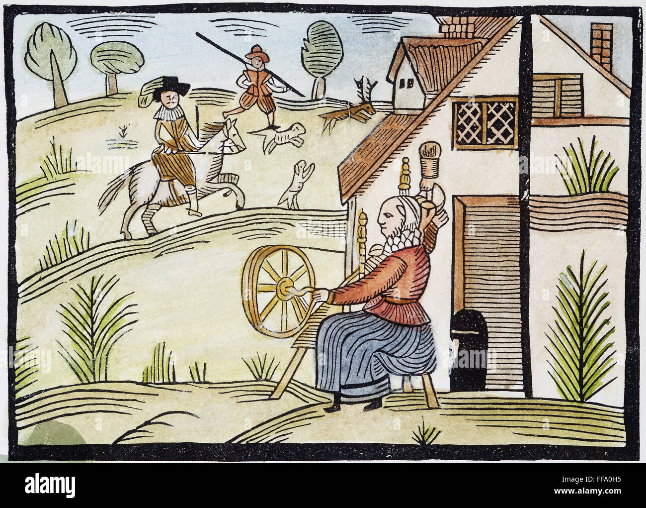ENGLAND: DAILY LIFE. /nA housewife spins outside her cottage as a gentleman goes hunting for deer. Woodcut, English, mid-17th century. Stock Photo