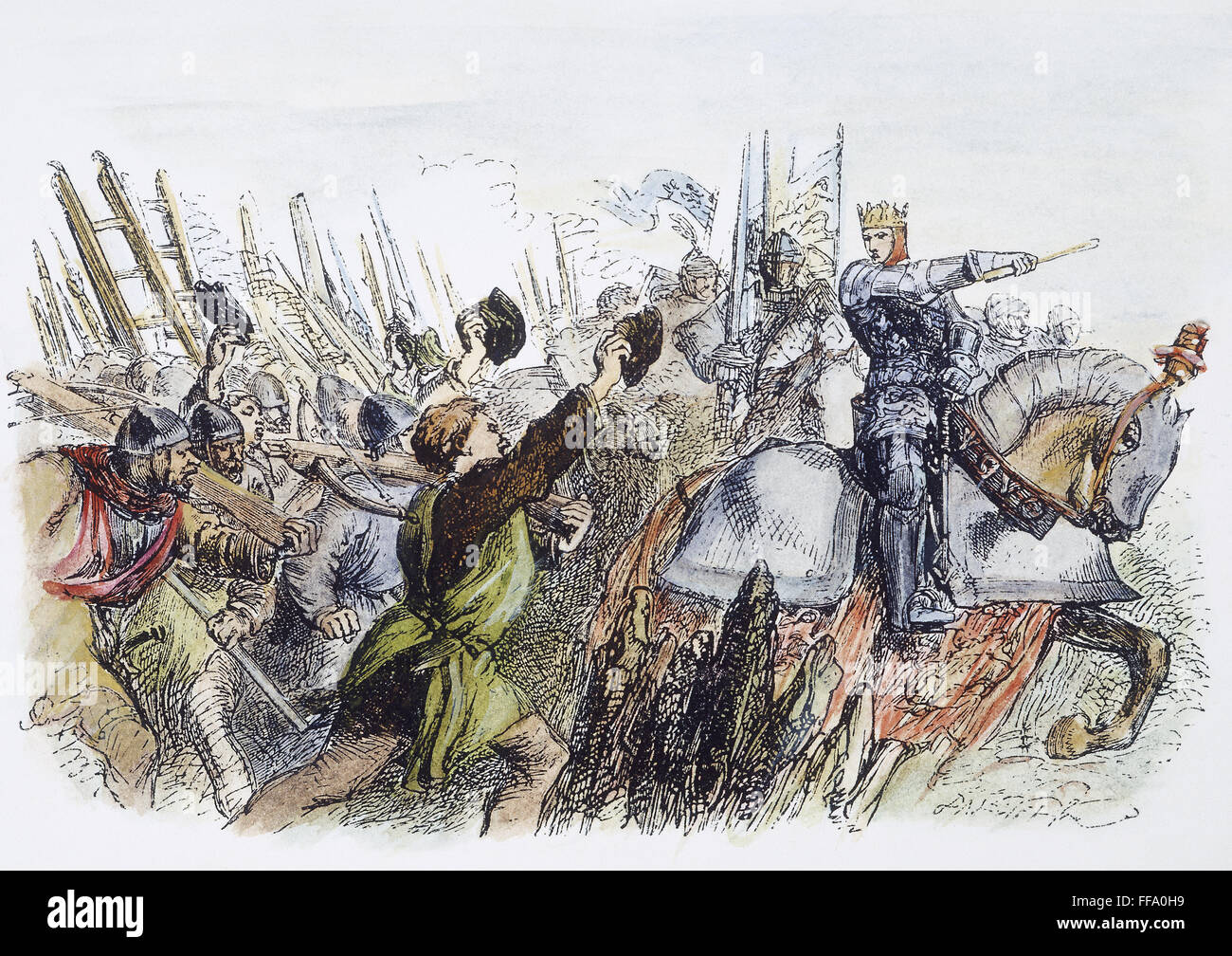 SHAKESPEARE: HENRY V. /n'Once more unto the breach, dear friends, once more': King Henry V of England exhorts his troops to attack the city of Harfleur, France: wood engraving after Sir John Gilbert for Shakespeare's 'King Henry V' (Act III, scene 1). Stock Photo