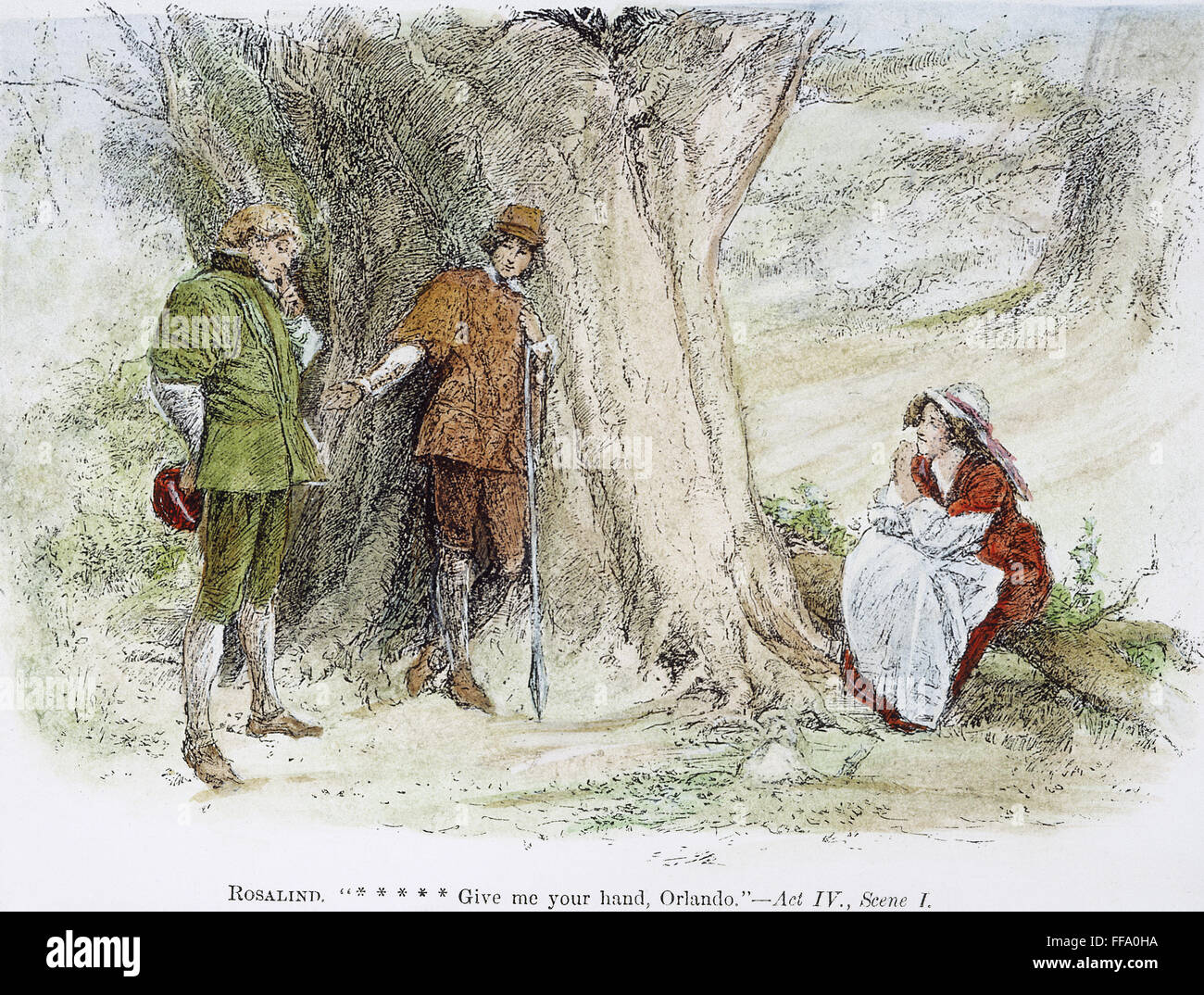 SHAEKSPEARE: AS YOU LIKE IT. /nRosalind and Orlando in the Forest of Arden. Line engraving, 19th century, for William Shakespeare's 'As You Like It' (Act IV, scene 1). Stock Photo