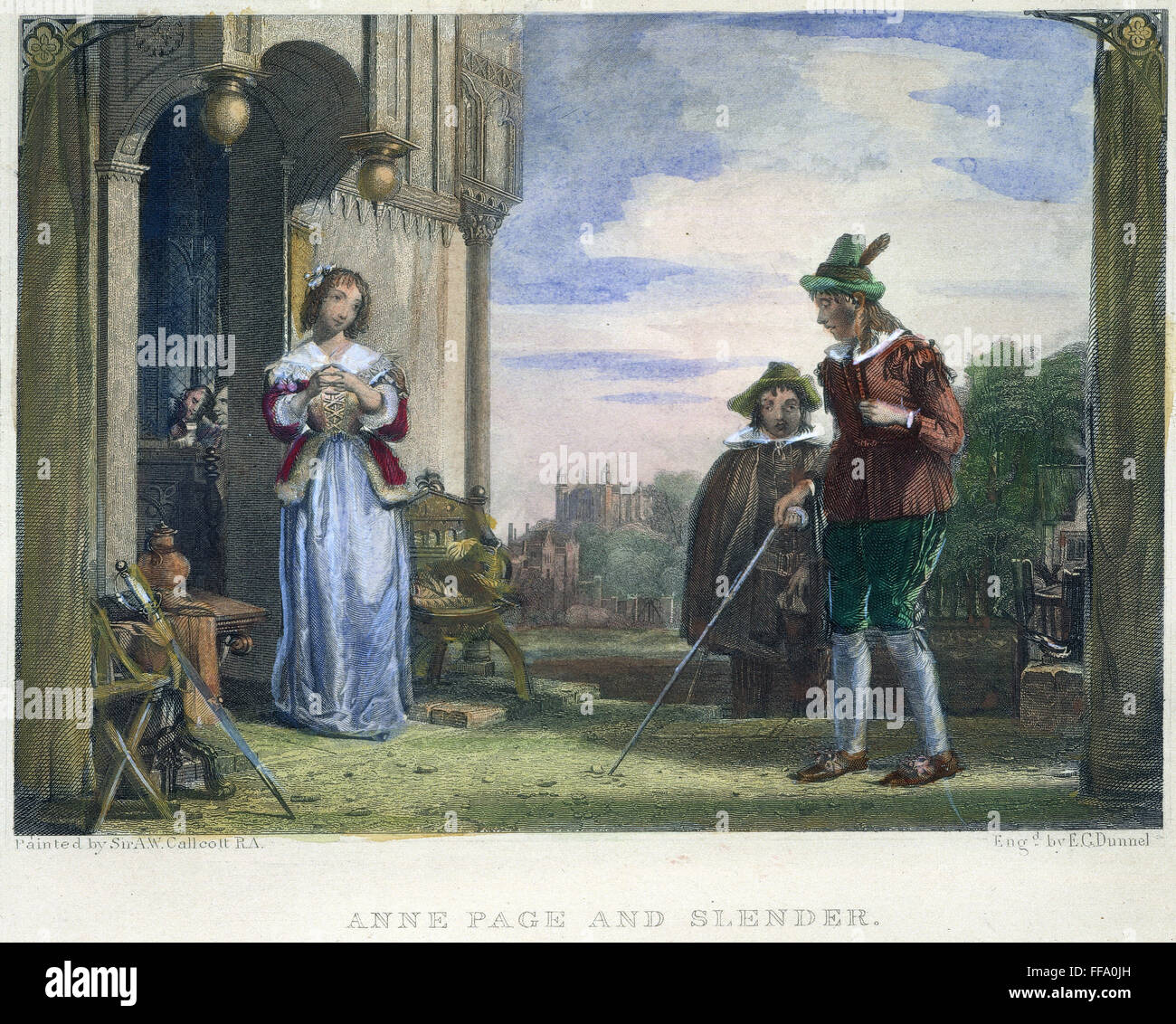 MERRY WIVES OF WINDSOR. /nSlender courts Anne Page in Shakespeare's 'The Merry Wives of Windsor.' Steel engraving after a painting by Sir Augustus Callcott. Stock Photo