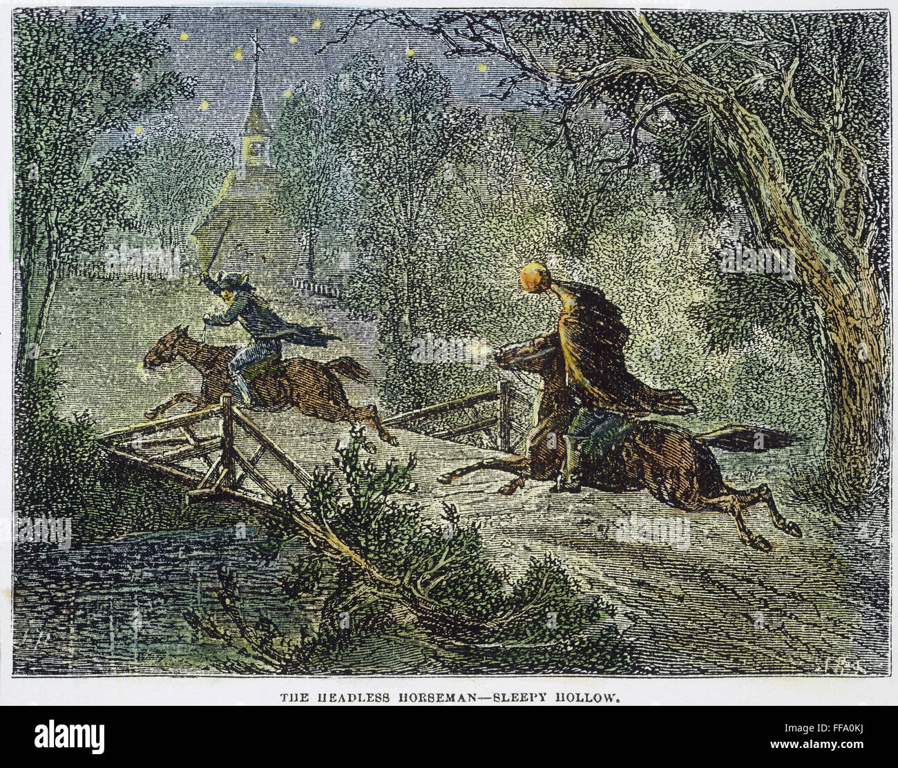 IRVING: SLEEPY HOLLOW. /nThe headless horseman scares Ichabod Crane out of town. Wood engraving, American, 1876, for Washington Irving's 'The Legend of Sleepy Hollow,' first published in 1819. Stock Photo