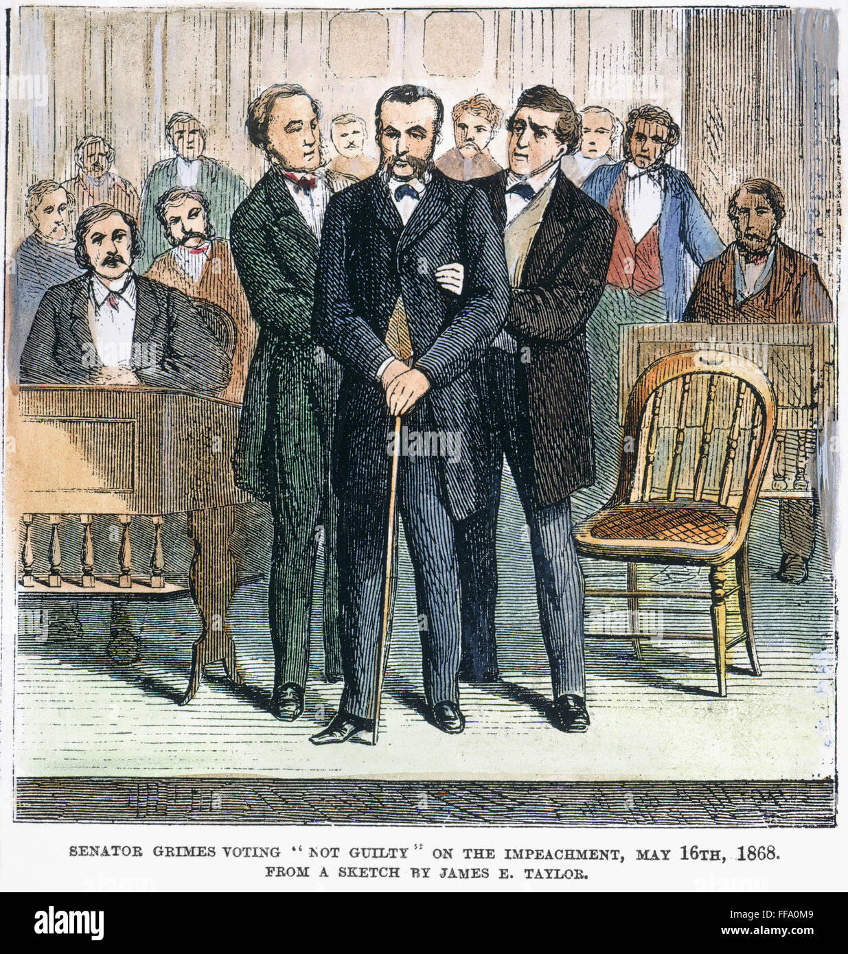 A. JOHNSON: IMPEACHMENT. /nSenator James Wilson Grimes (1816-1872), crippled by a stroke, is carried into the Senate to vote not guilty and prevent the impeachment of President Andrew Johnson, 16 May 1868: wood engraving from a contemporary American newsp Stock Photo