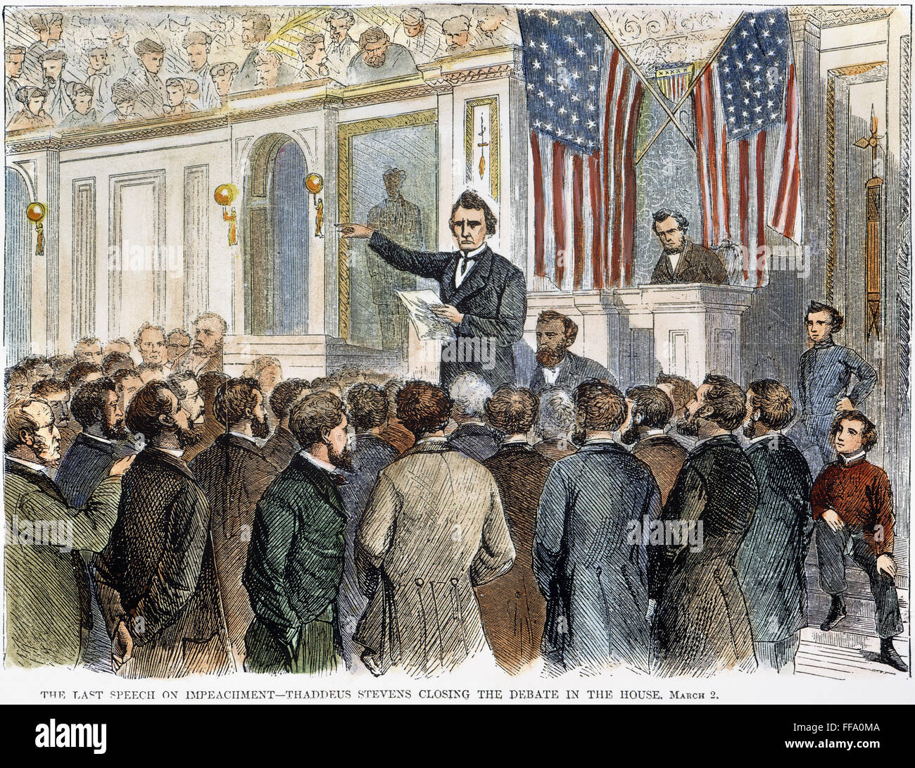 A. JOHNSON: IMPEACHMENT. /nCongressman Thaddeus Stevens (1792-1868) closing the debate in the House of Representatives on the proposed impeachment of President Andrew Johnson, 2 March 1868: colored wood engraving from a contemporary American newspaper. Stock Photo