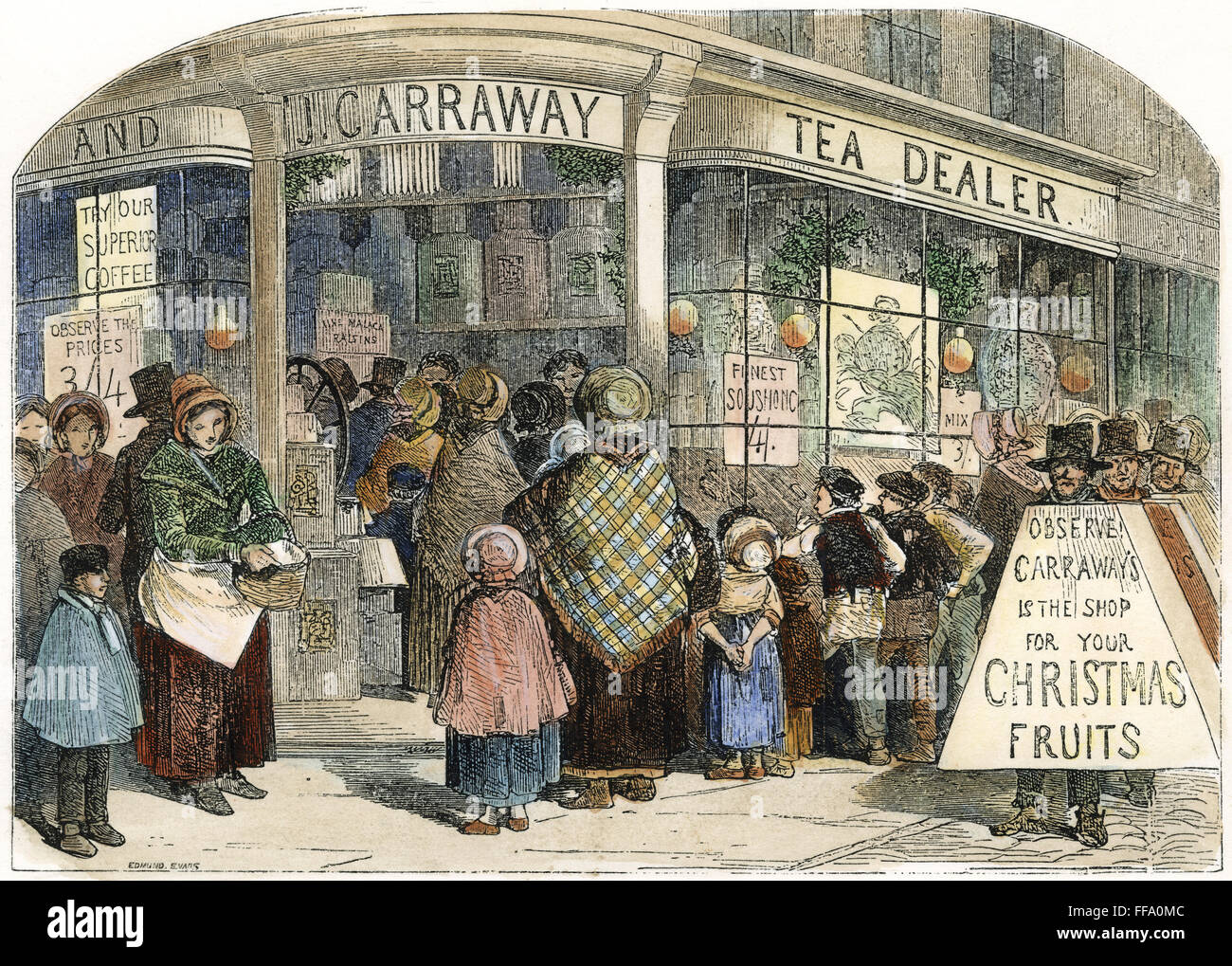 CHRISTMAS: ENGLAND, 1850. /nThe Grocer's Shop at Christmas. Wood engraving, English, 1850. Stock Photo