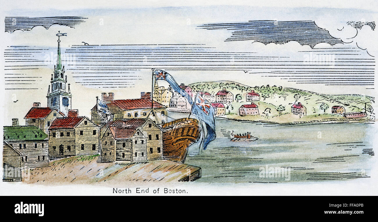 BOSTON, 1770s. /nView of Boston during the American Revolutionary War. North End with Old North (Christ) Church is at left and Charlestown is seen in the background. Wood engraving, 19th century. Stock Photo