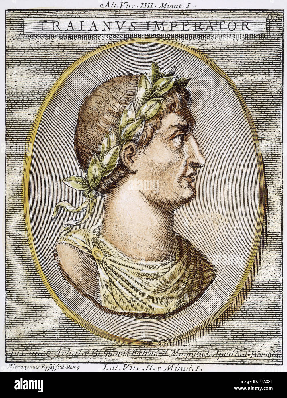 EMPEROR TRAJAN (c53-117). /nRoman emperor (98-117). Copper engraving, Italian, 18th century. Stock Photo