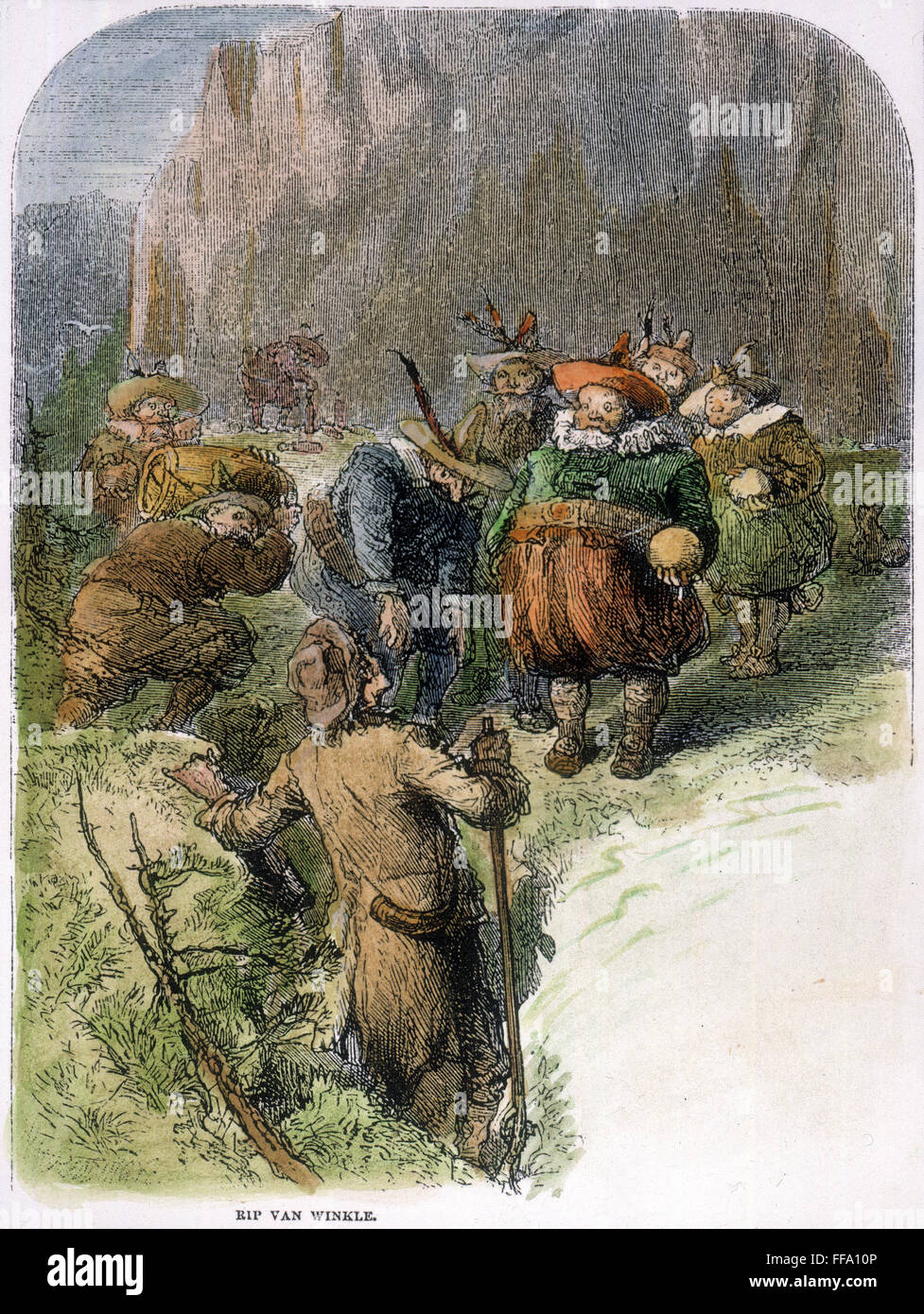 IRVING: RIP VAN WINKLE. /nRip Van Winkle meets the dwarfs in the Catskill Mountains. Wood engraving, American, 1876, depicting a scene from the Washington Irving story first published in 1819. Stock Photo