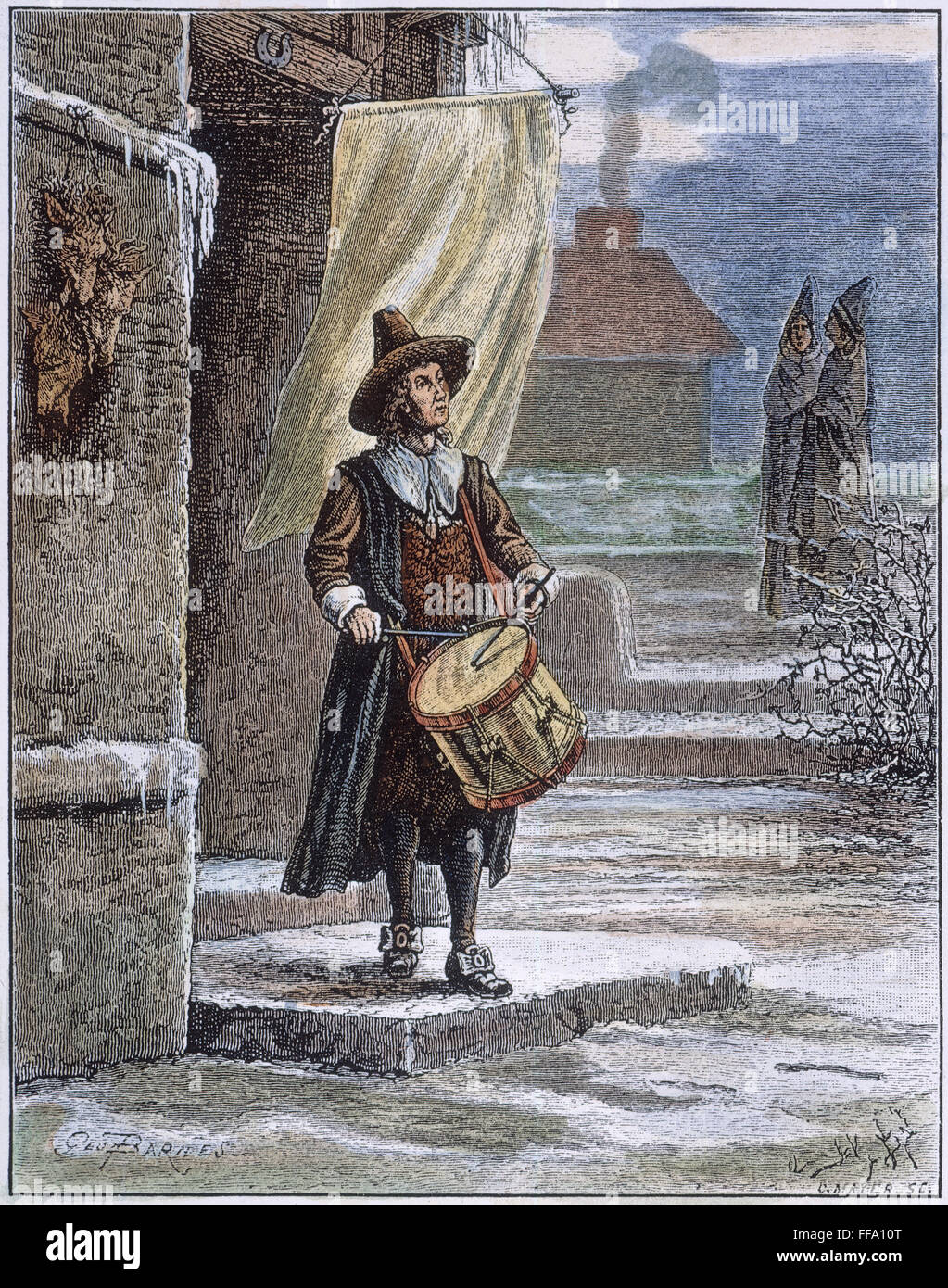 PURITAN CHURCH DRUMMER. /nIn the absence of church bells, a drummer in 17th century New England summons Puritans to service. Wood engraving, 19th century. Stock Photo