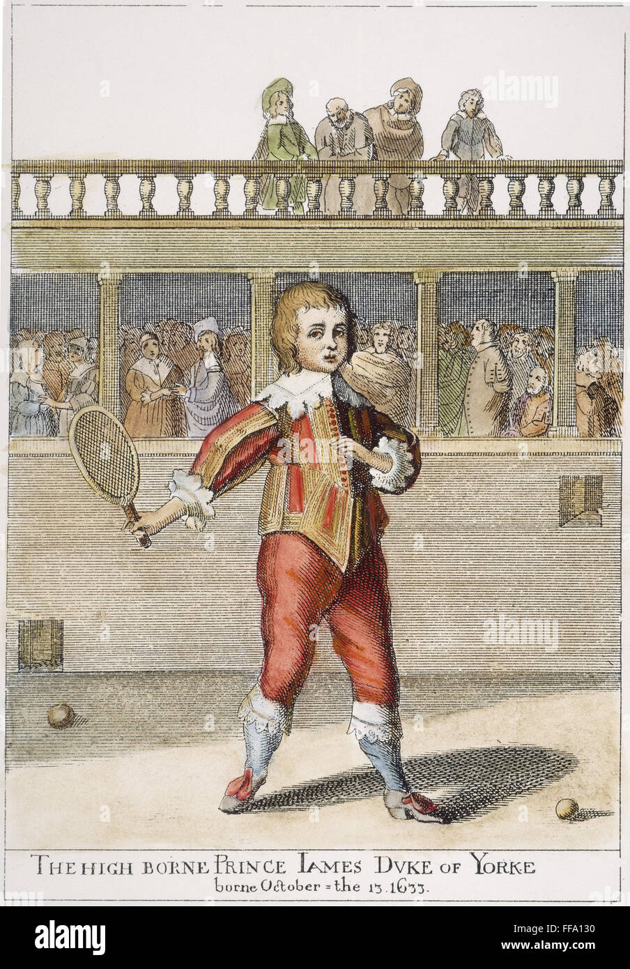 JAMES II OF ENGLAND. /nKing James II of England (1633-1701) playing tennis as a child: line engraving, English, 17th century. Stock Photo
