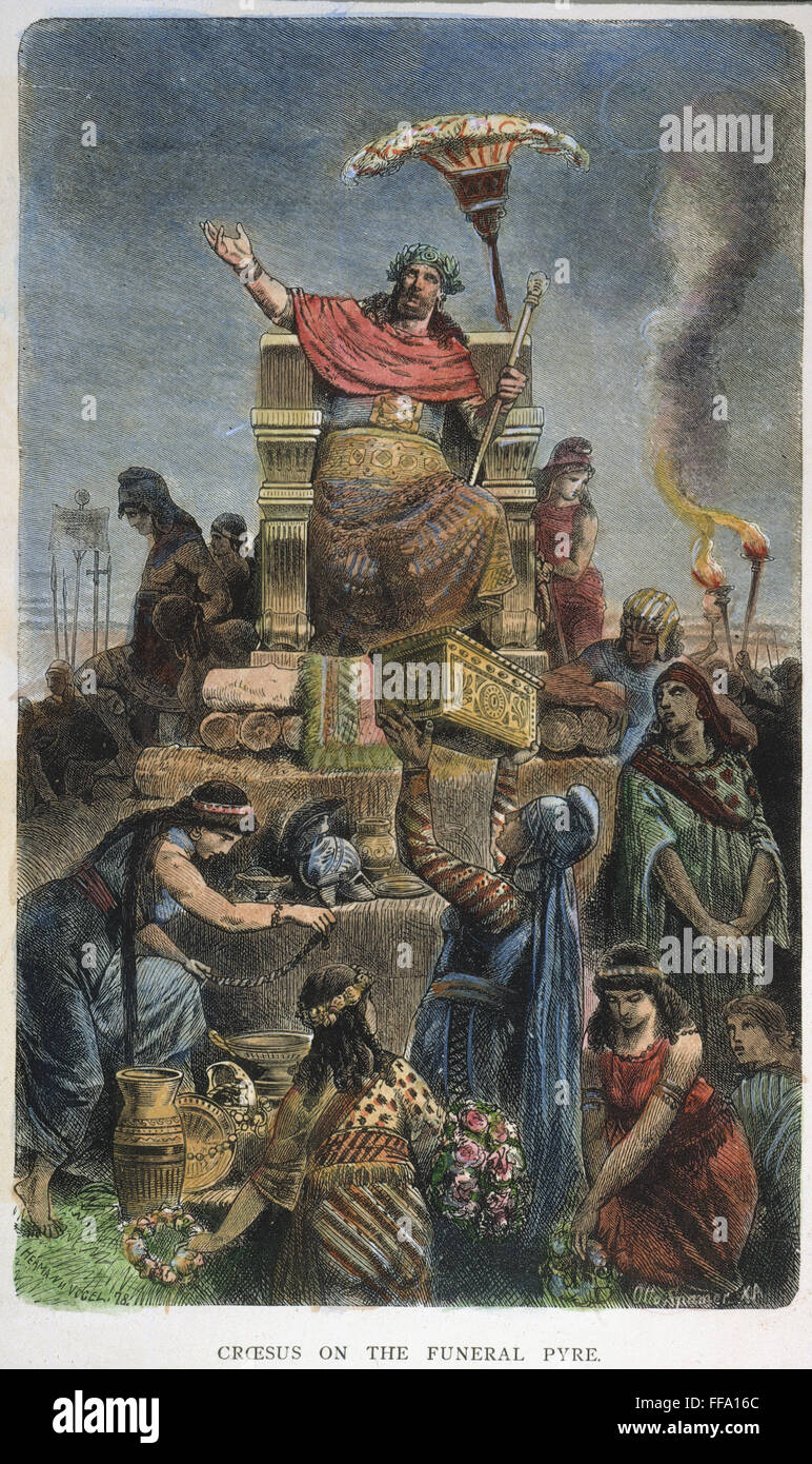 KING CROESUS OF LYDIA /n(d. 546 B.C.) on his funeral pyre surrounded by his riches. Wood engraving, 19th century. Stock Photo