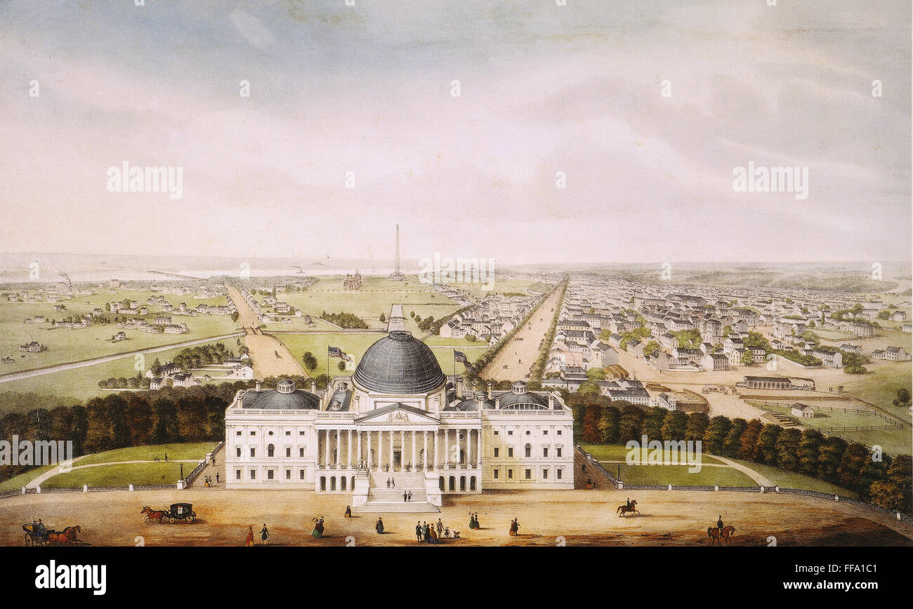 VIEW OF U.S. CAPITOL, 1850. /nView of the United States Capitol and Washington, D.C.: lithograph, 1850, by Robert P. Smith. Stock Photo