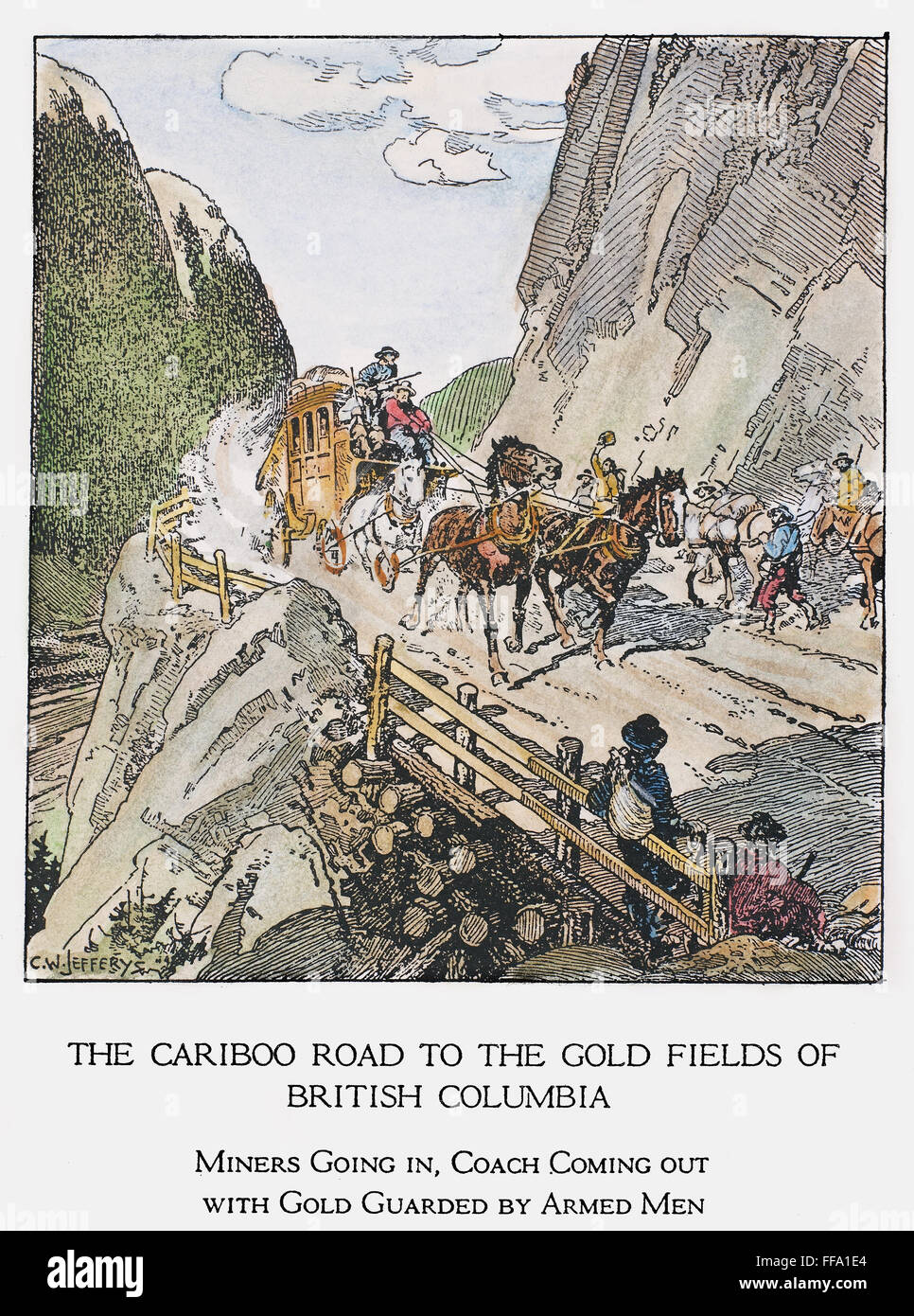 CANADA: GOLD MINING, 1860s. /nA coach with gold, guarded by armed men, passes miners headed for the gold fields of Cariboo country, British Columbia, Canada, along the Cariboo Road, completed in 1865. Drawing by C.W. Jefferys. Stock Photo