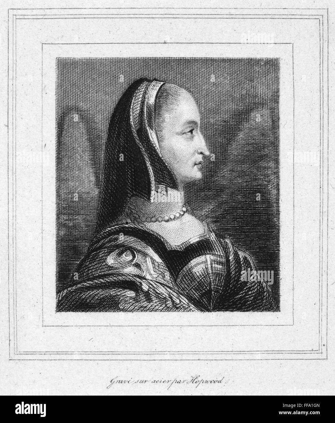 MARGARET OF VALOIS /n(1553-1615). Queen of King Henry IV of France. Line and stipple engraving, French, 19th century. Stock Photo