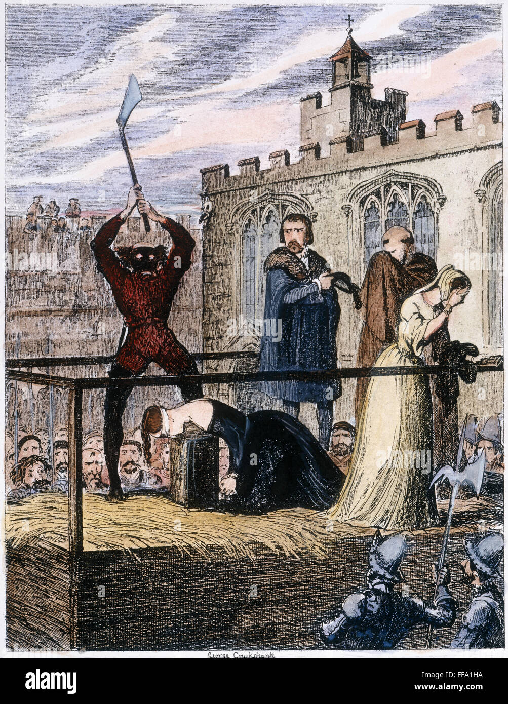 LADY JANE GREY (1537-1554). /nThe execution of Lady Jane Grey at the Tower of London. Etching by George Cruikshank (1792-1878). Stock Photo