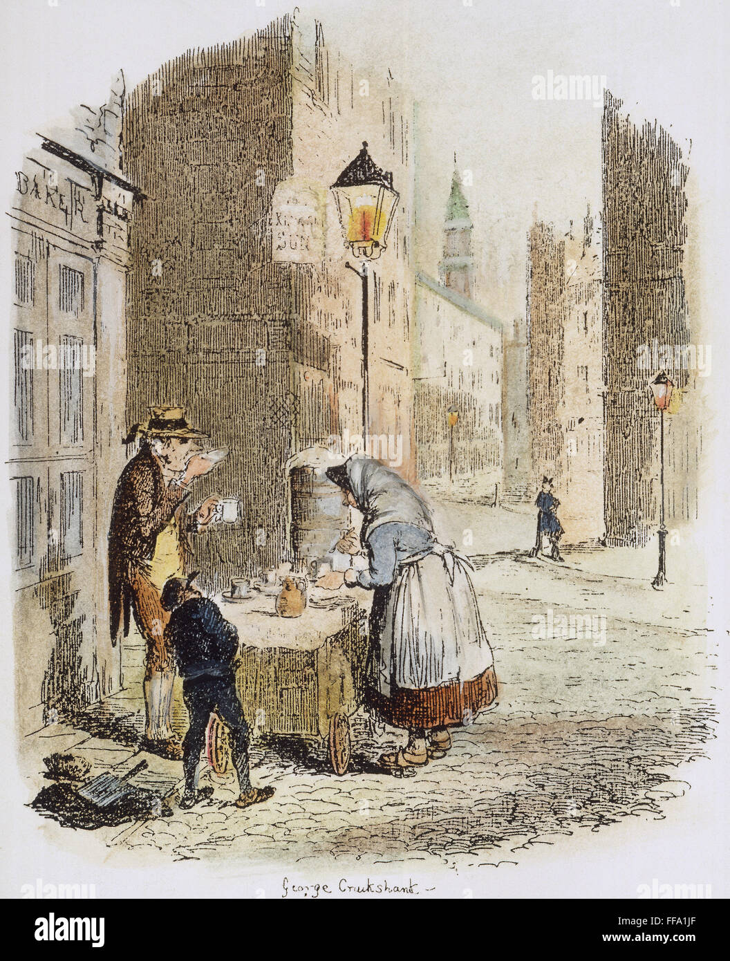 DICKENS: SKETCHES, 1836-37. /n'The Streets - Morning': etching by George Cruikshank for Charles Dickens' 'Sketches by Boz,' 1836-37. Stock Photo