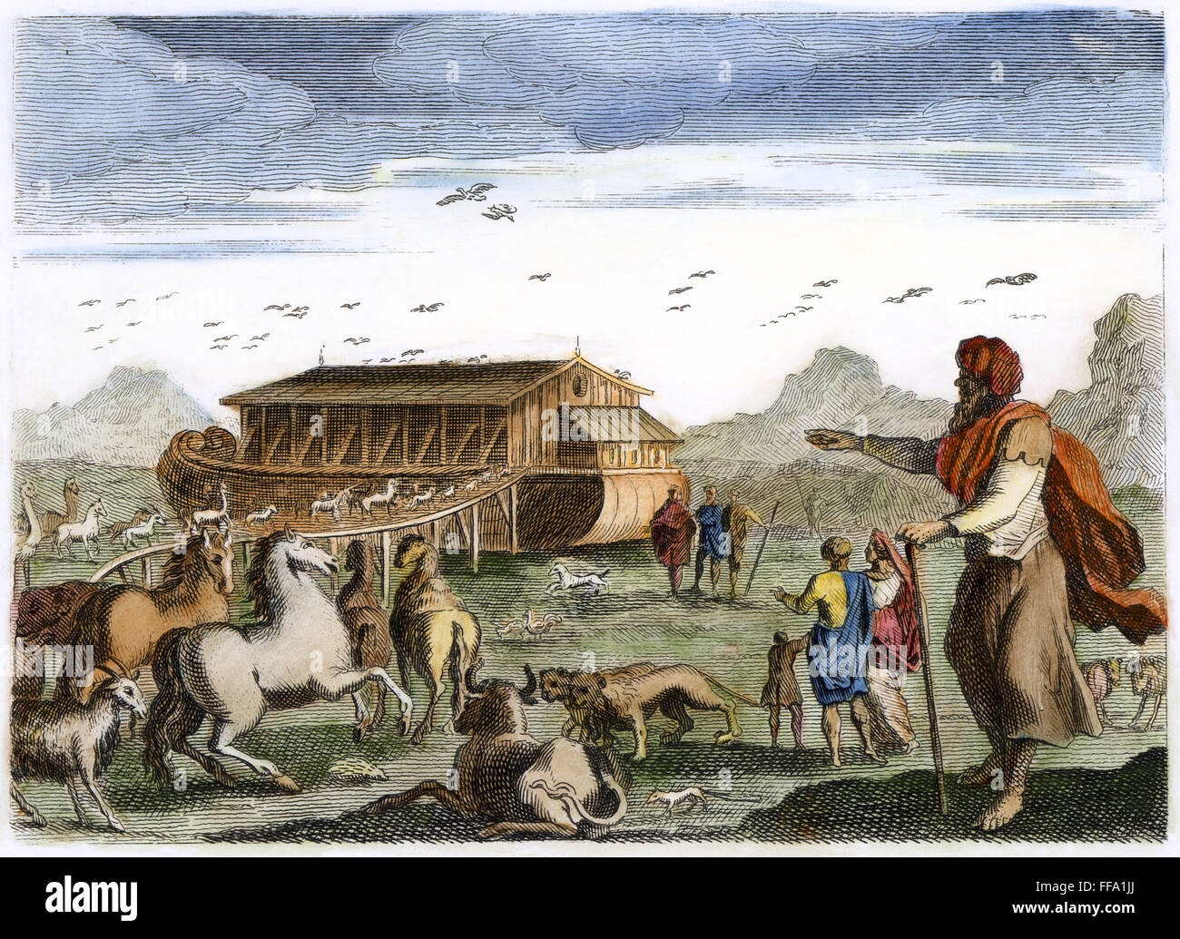 NOAH'S ARK, c1800.  /nThe animals entering Noah's Ark (Genesis 7:8-9, 14-16). Line engraving, French, c1800. Stock Photo