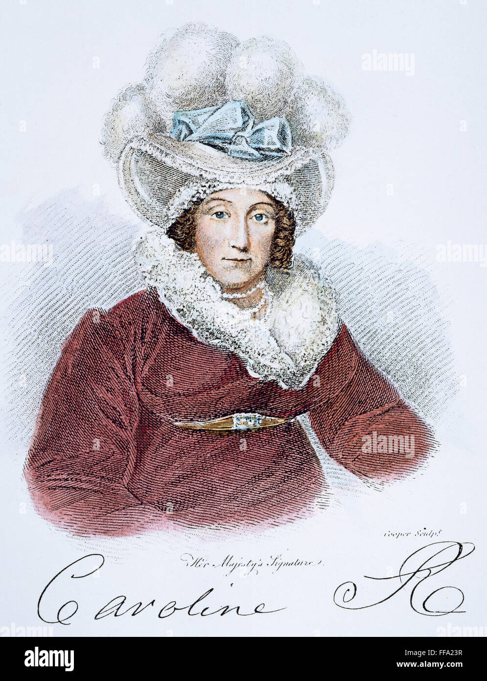 CAROLINE OF BRUNSWICK /n(1781-1821). Queen of Great Britain and Ireland, wife of George IV. Line and stipple engraving, English, 1820, after a painting by A. Wivell. Stock Photo