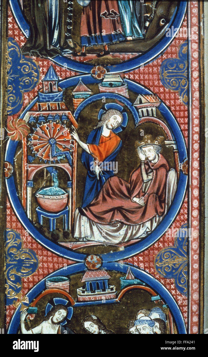 HEZEKIAH W/ WATER CLOCK. /nManuscript illumination from a French Bible, 13th century. Stock Photo