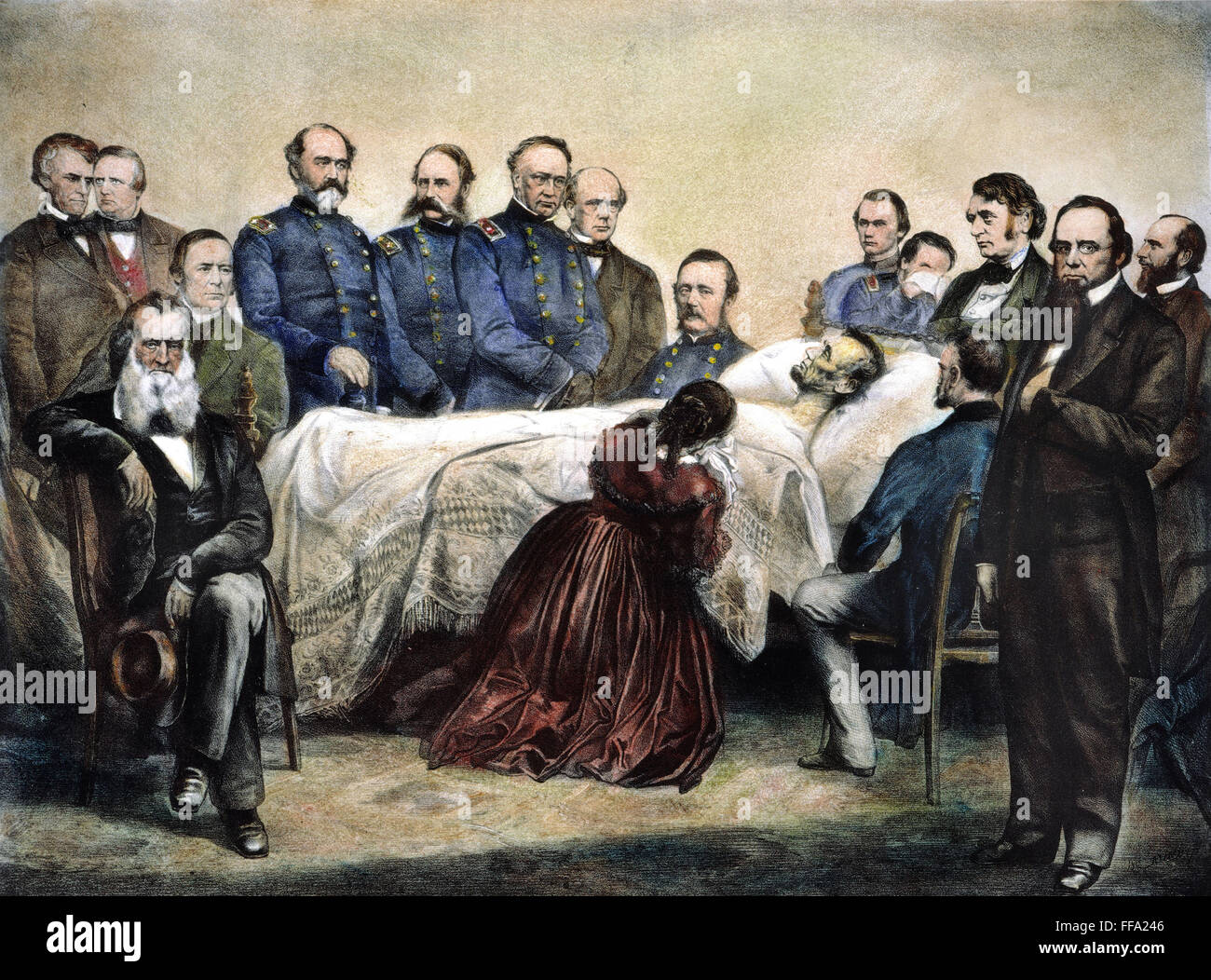 DEATH OF LINCOLN, 1865. /nThe deathbed of President Abraham Lincoln, Washington, D.C., 15 April 1865. Lithograph, American, 1865. Stock Photo
