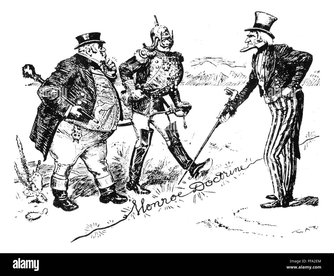 MONROE DOCTRINE CARTOON. /n'Uncle Sam - That's A Live Wire, Gentlemen!' A 1902 cartoon by W.A. Rogers on German and British claims against Venezuela and President Theodore Roosevelt's intentions to resist proposed German attempts to occupy Venezuelan terr Stock Photo