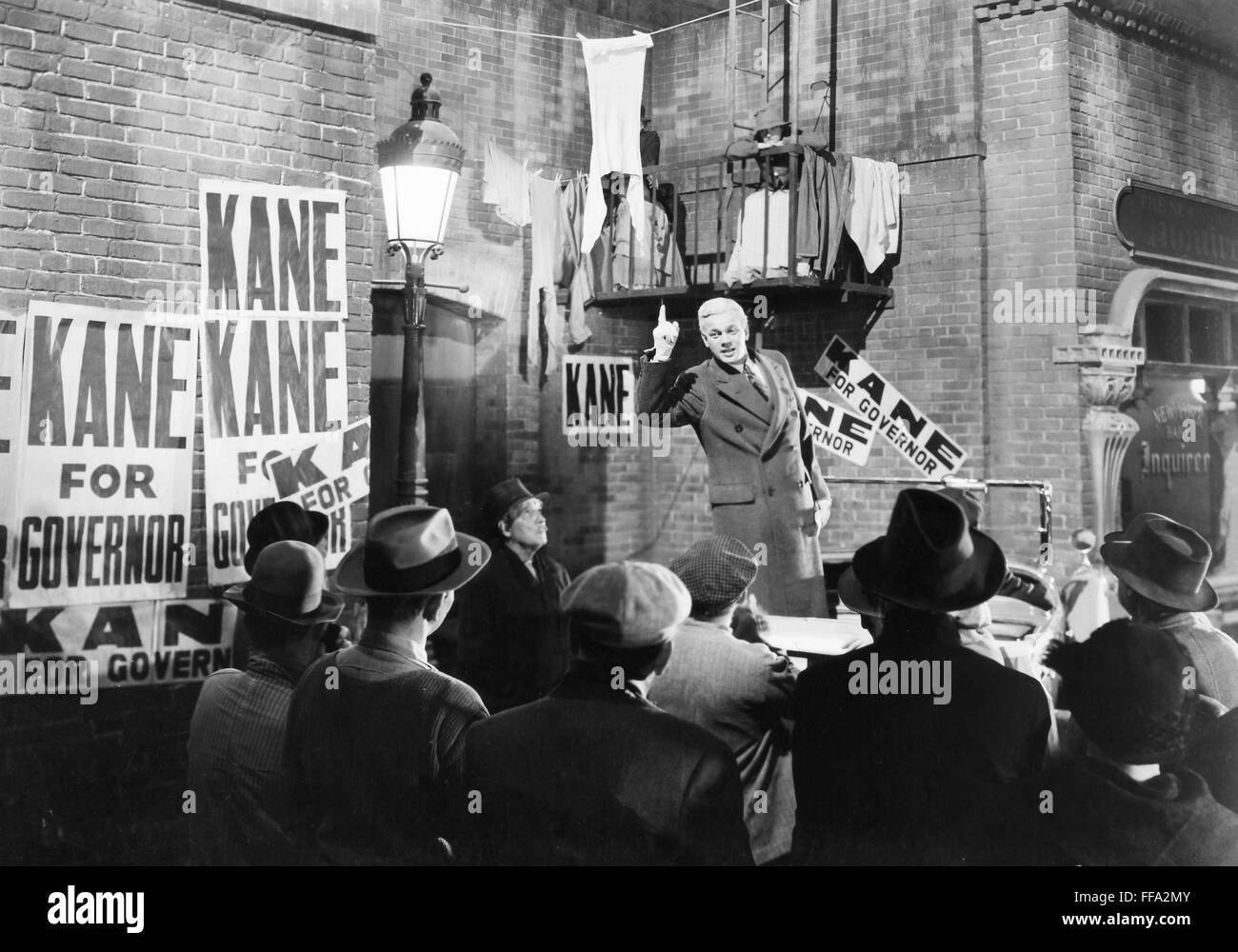 FILM: CITIZEN KANE, 1941. /nJoseph Cotten stumping for Kane (Orson Welles) in a scene from the 1941 motion picture 'Citizen Kane.' Stock Photo