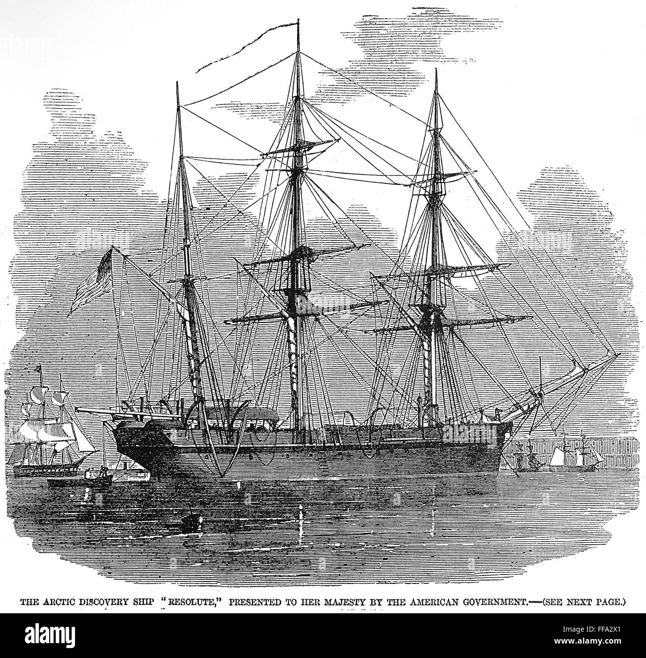 SHIPS: HMS 'RESOLUTE.' /nThe Arctic discovery ship HMS 'Resolute,' presented to Queen Victoria by the American government. Wood engraving from an English newspaper, 1856. Stock Photo